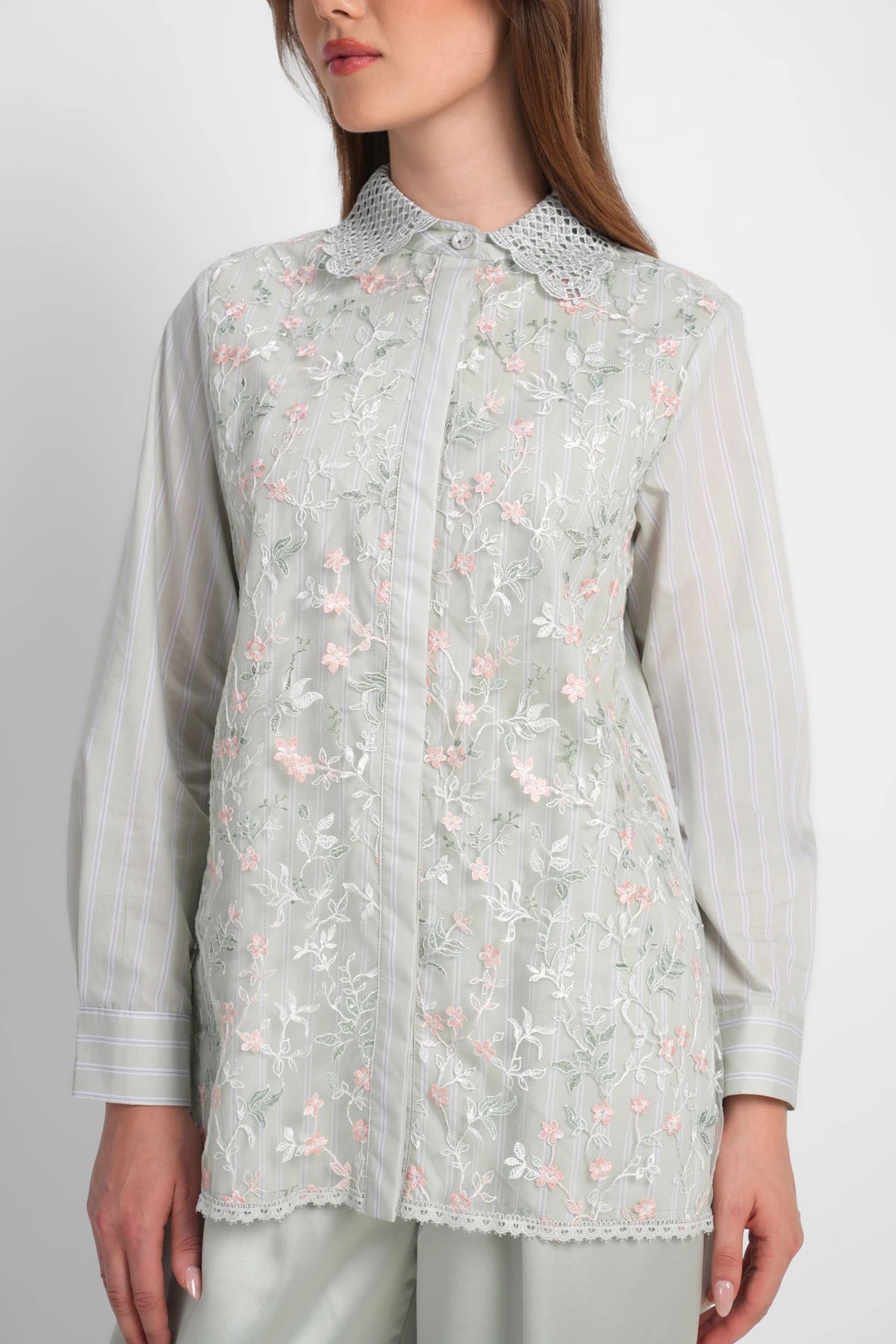 Harmony in Stripe Lace Shirt - Sage