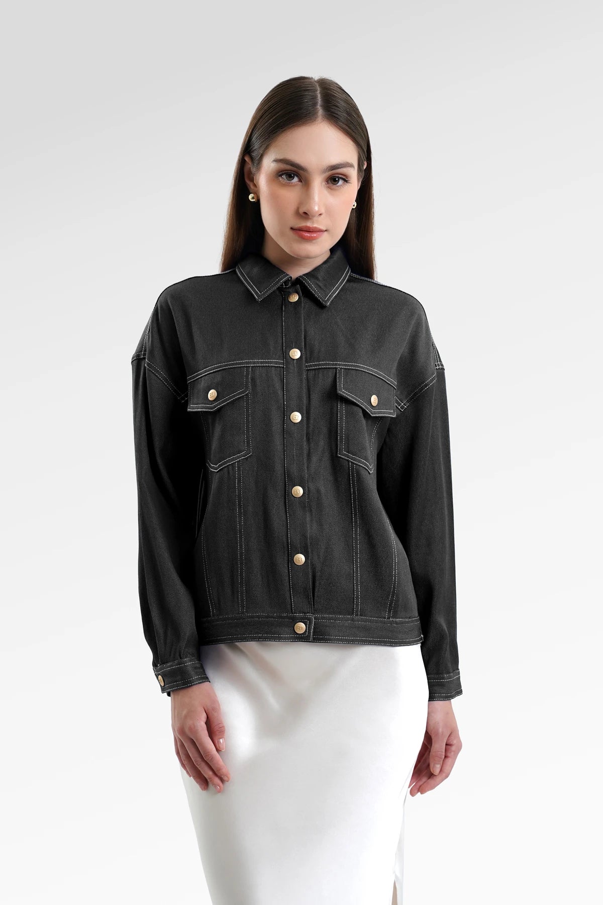 Helga Pleated Denim Shirt - Black