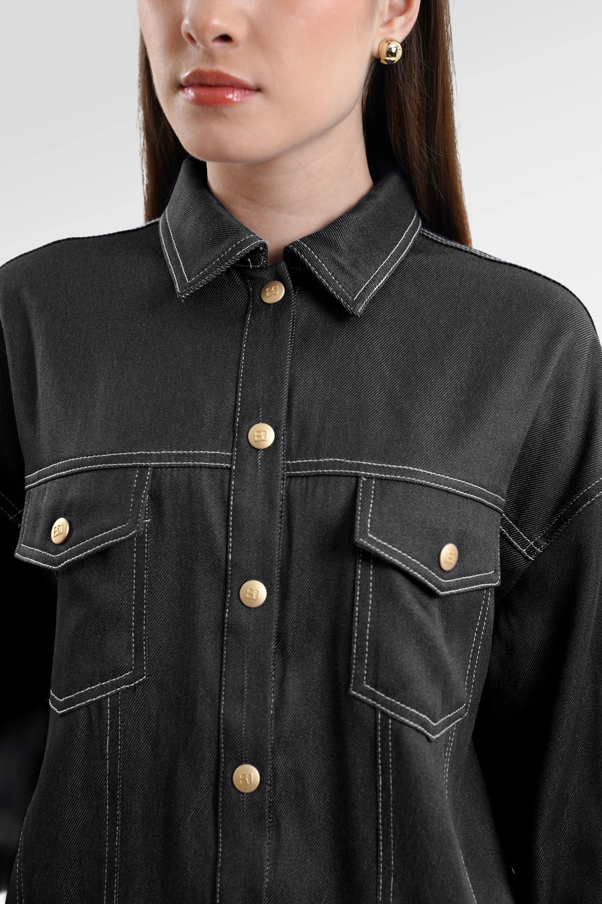 Helga Pleated Denim Shirt - Black