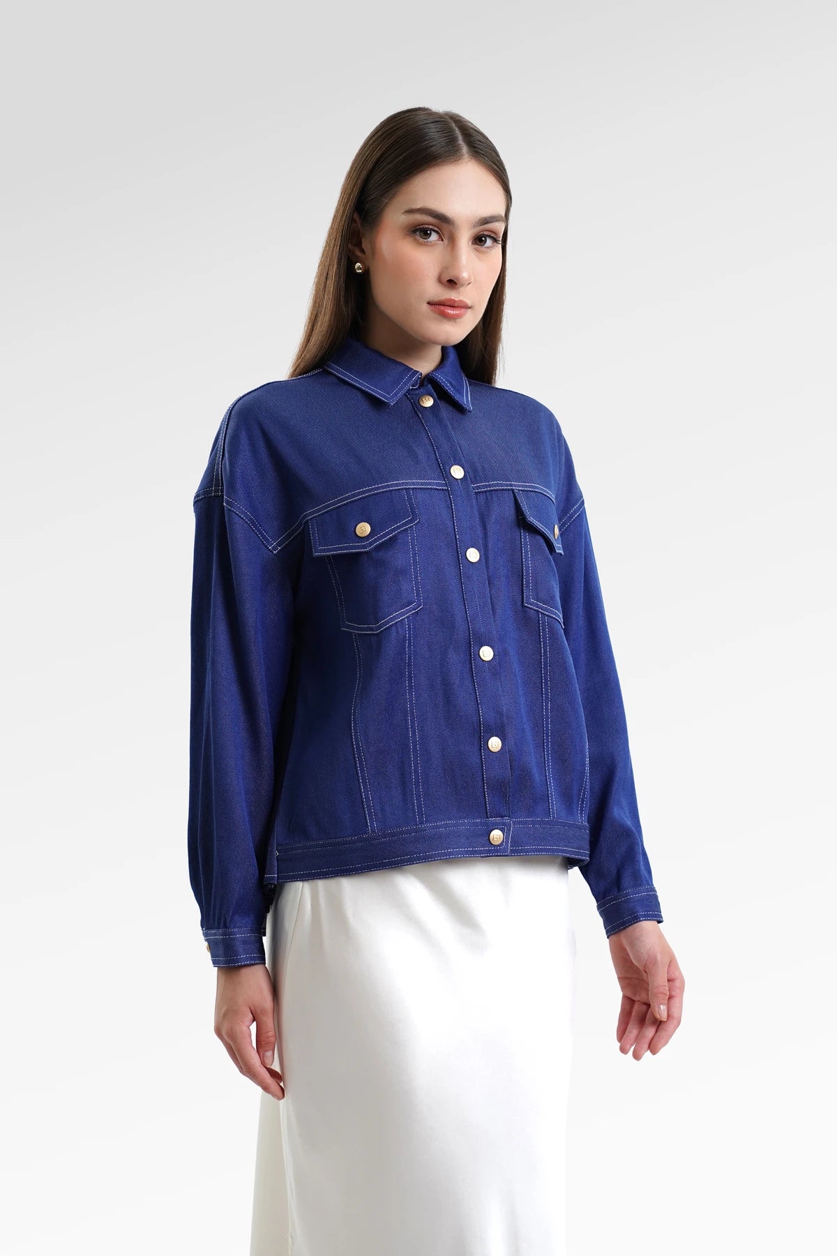 Helga Pleated Denim Shirt - Navy