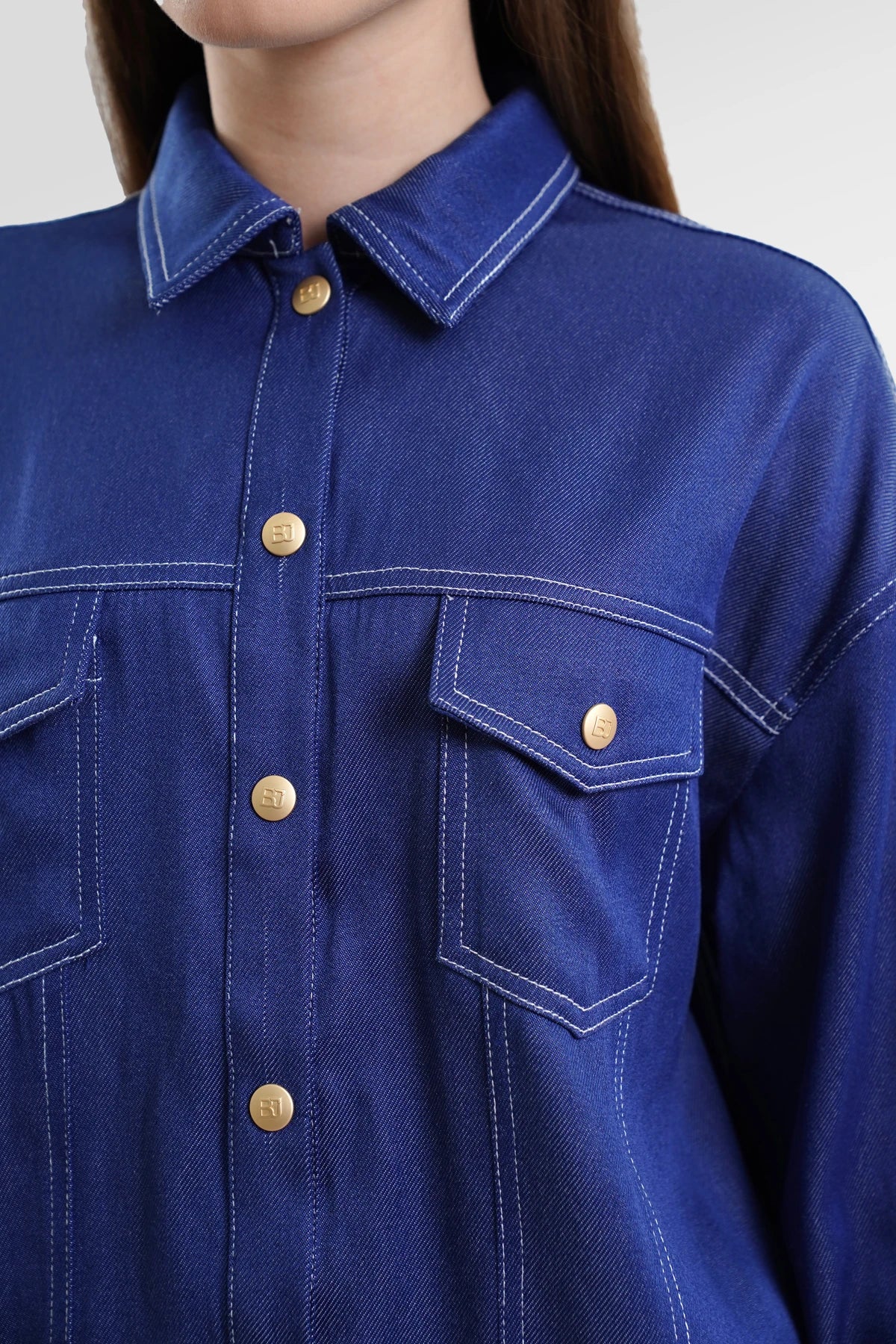 Helga Pleated Denim Shirt - Navy