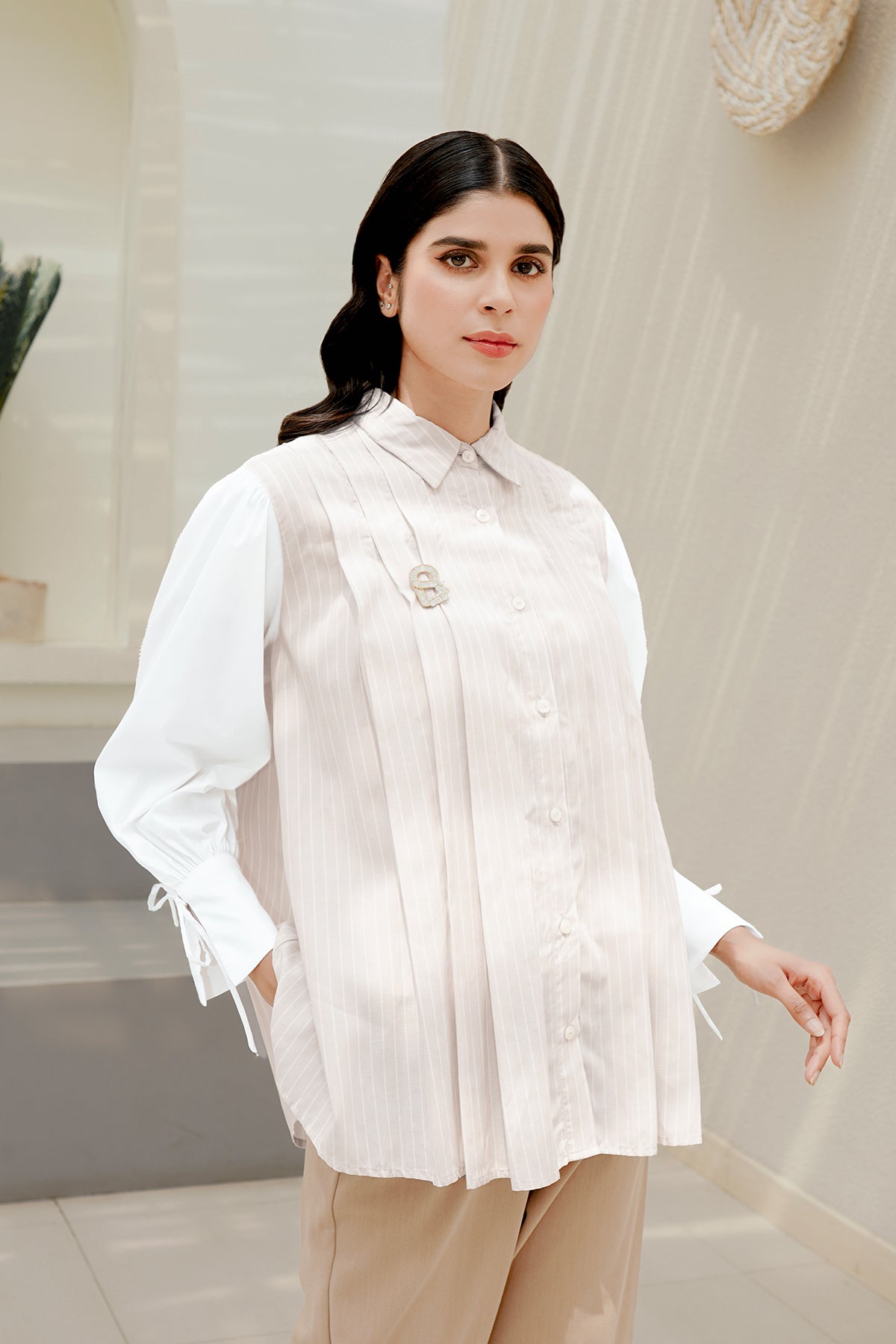 Irene Stripes Puff Shirt - Beige