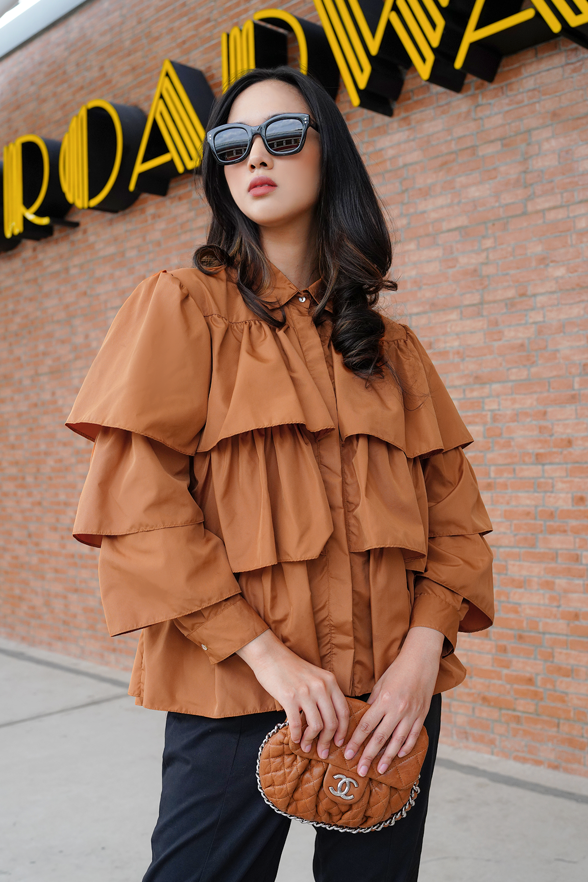 Camel Tiered Ruffle Shirt