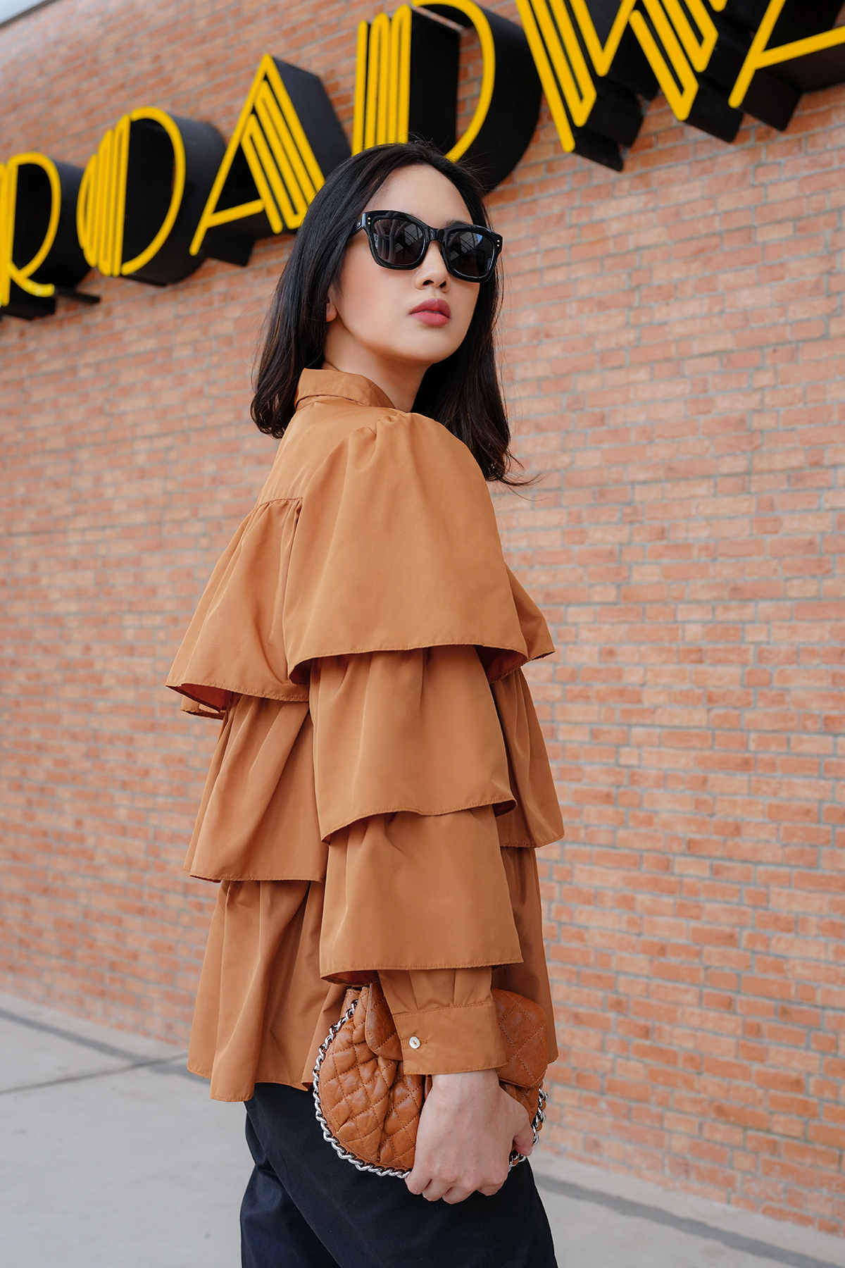 Camel Tiered Ruffle Shirt