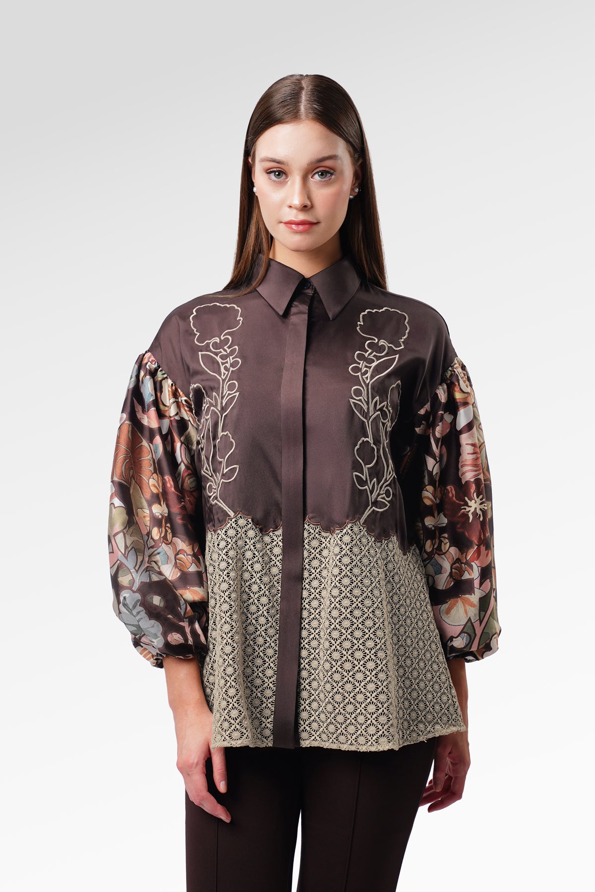 Liora Floral Embroidery Shirt - Brown
