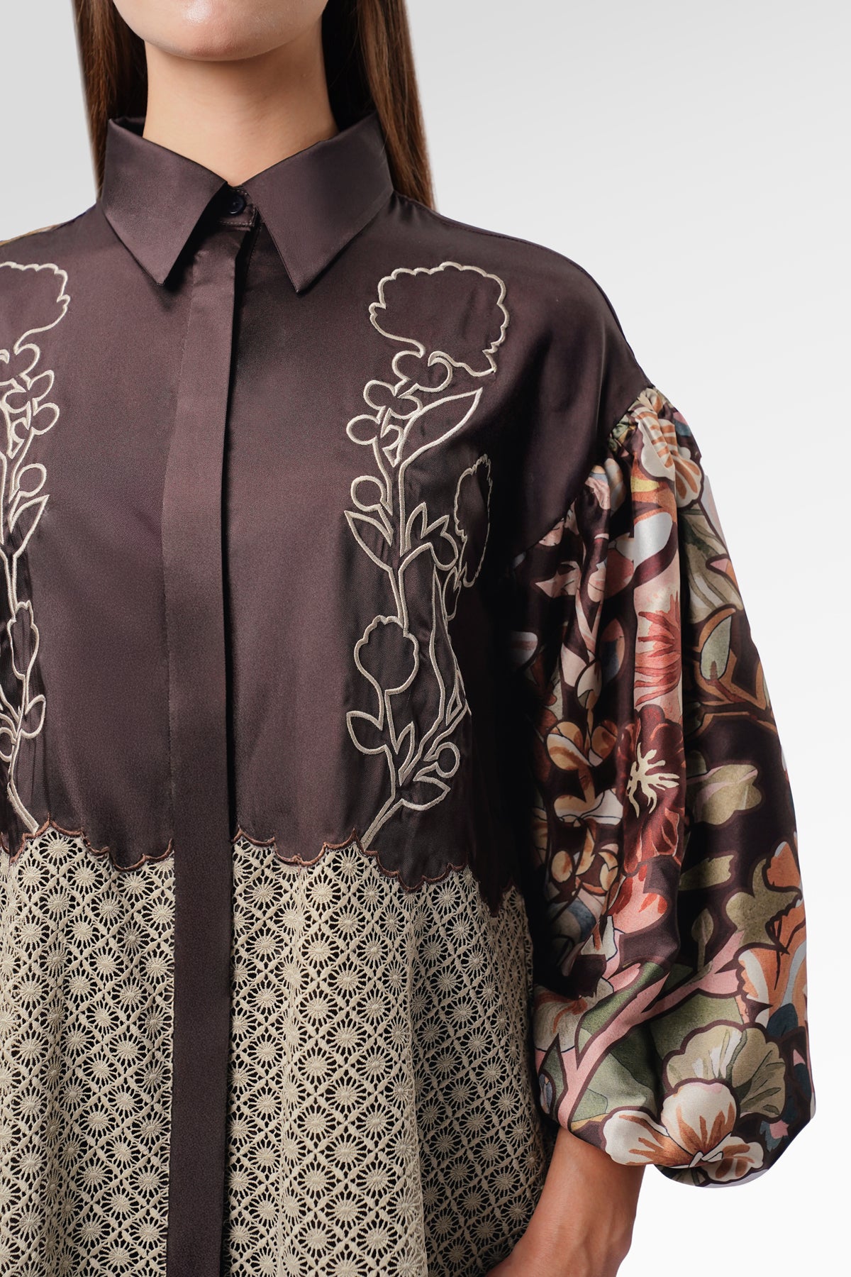Liora Floral Embroidery Shirt - Brown