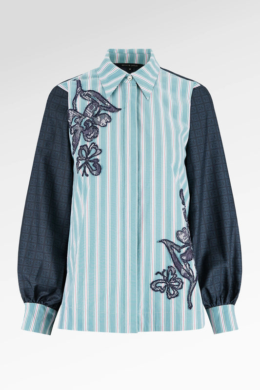 Metanoia Stripe Embroidery Shirt - Blue Morpho