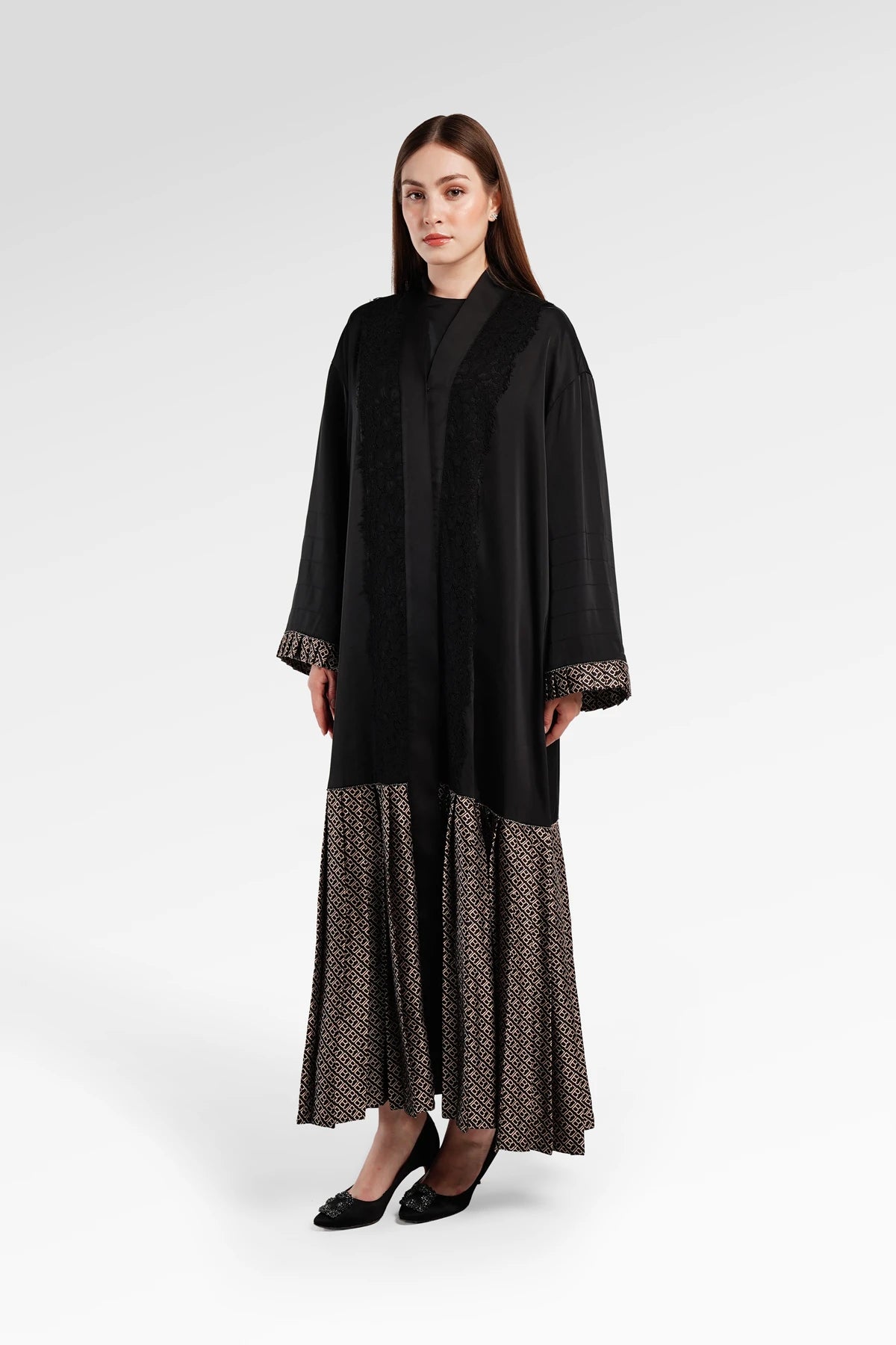 Monogram Diagonal Pleated Abaya - Black Choco