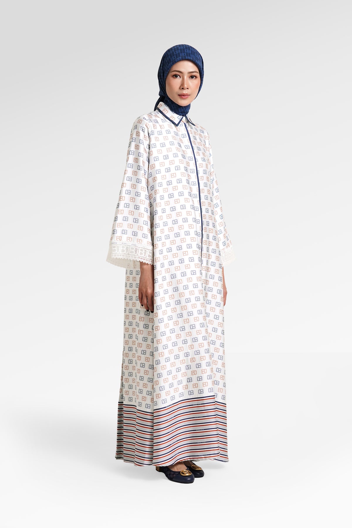 Mono Lace Edged Sleeve Dress - Timeless Blue