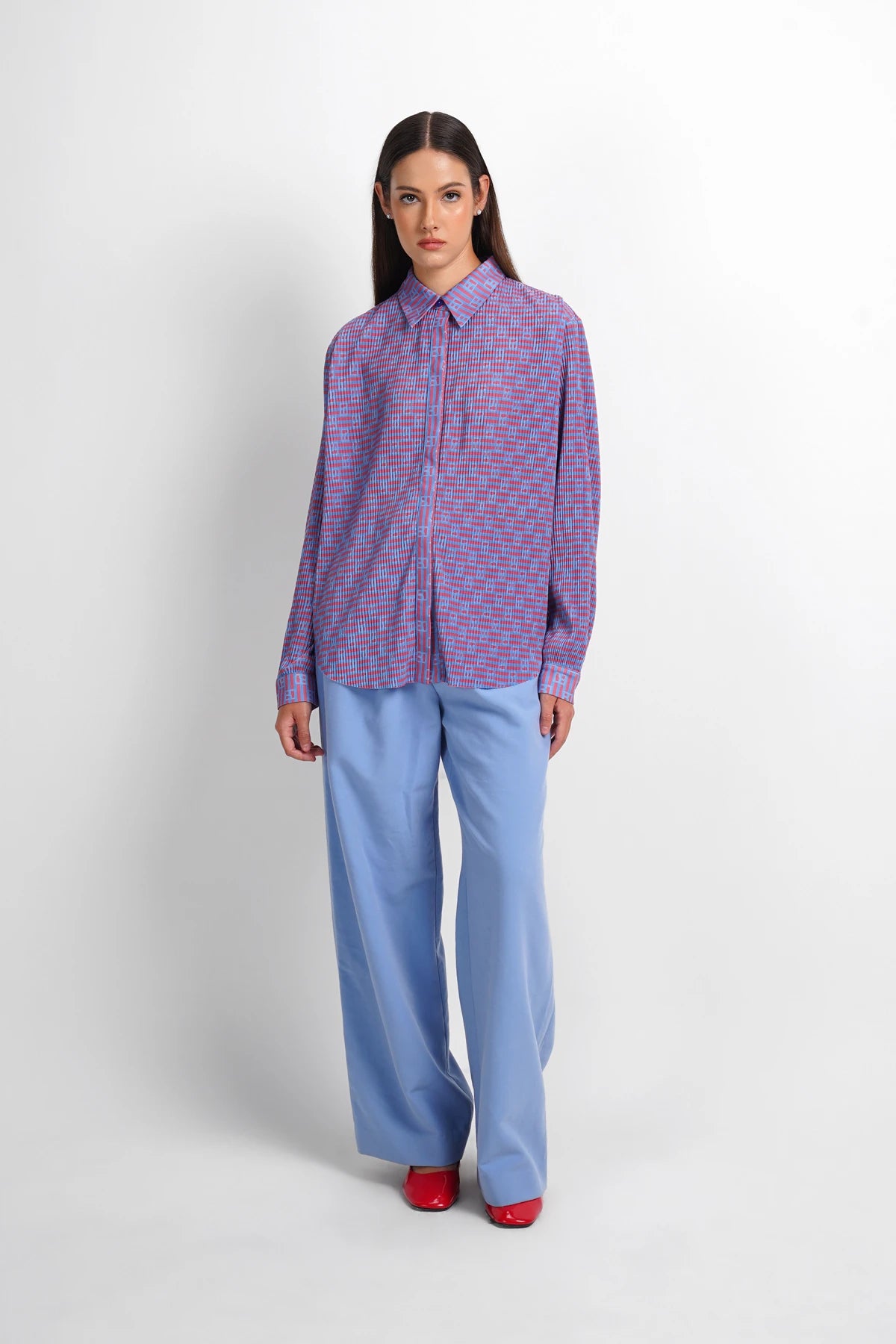 Mono Stripe Pleat Shirt - Riviera