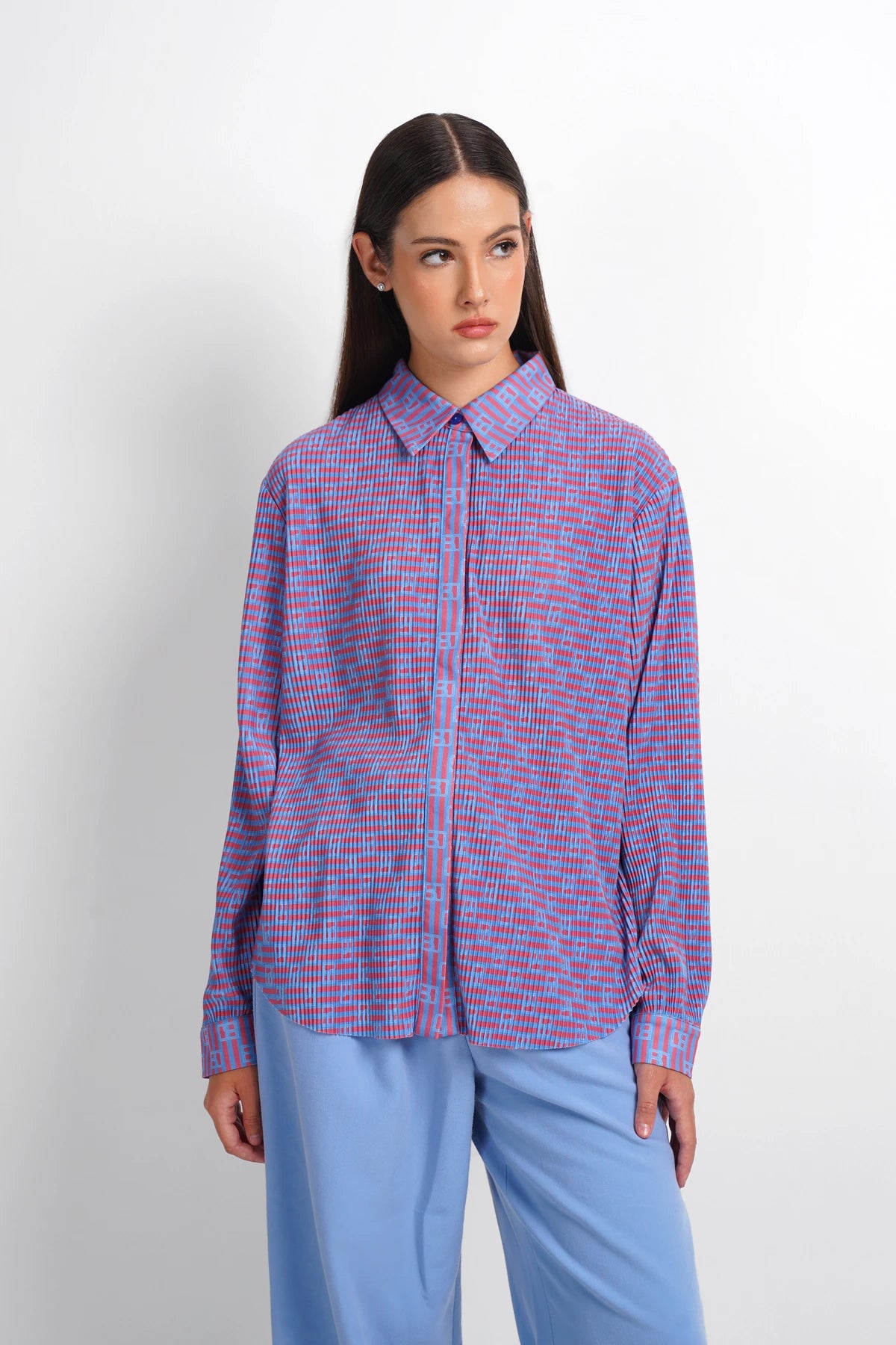 Mono Stripe Pleat Shirt - Riviera