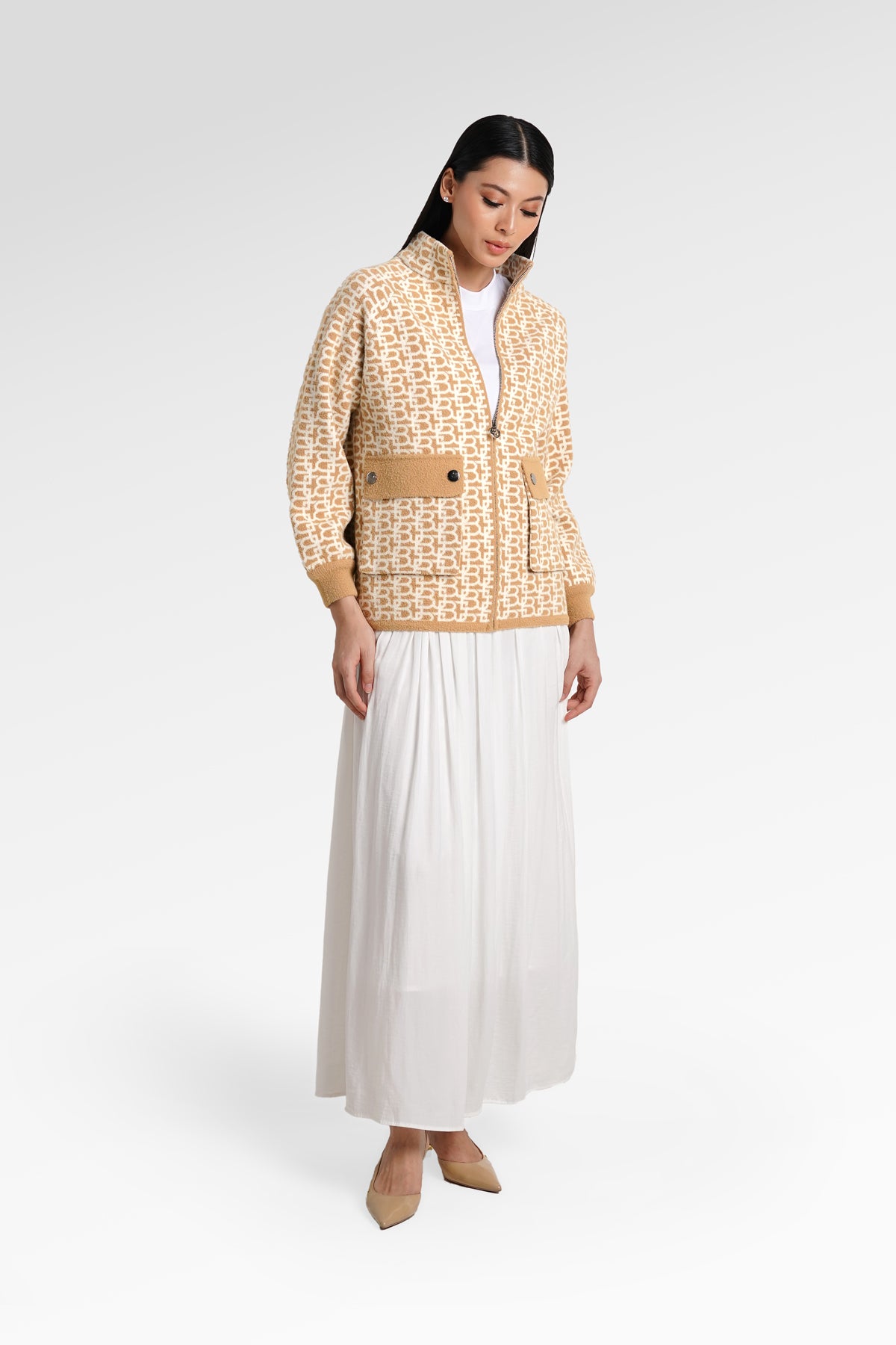 Monogram High Neck Jacket - Beige/Khaki