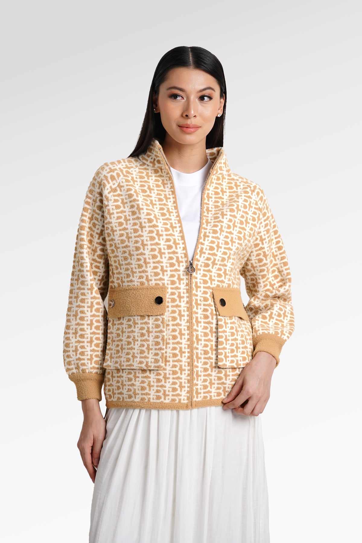 Monogram High Neck Jacket - Beige/Khaki