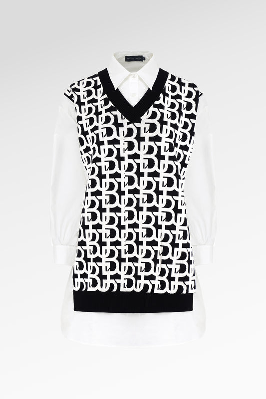 Monogram Mix Fabric Vest Shirt - White/Black