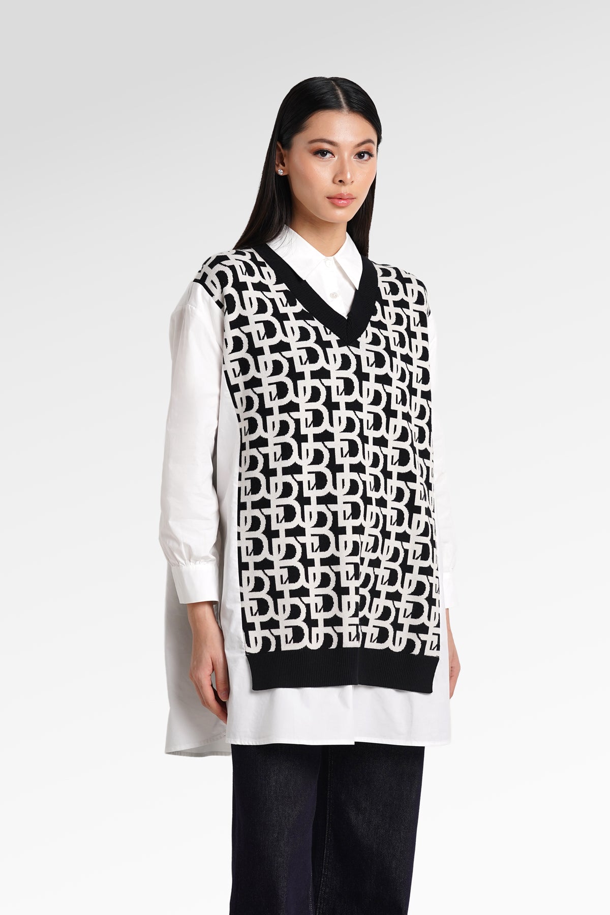 Monogram Mix Fabric Vest Shirt - White/Black