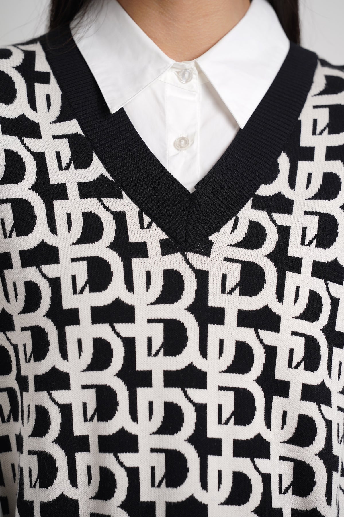 Monogram Mix Fabric Vest Shirt - White/Black