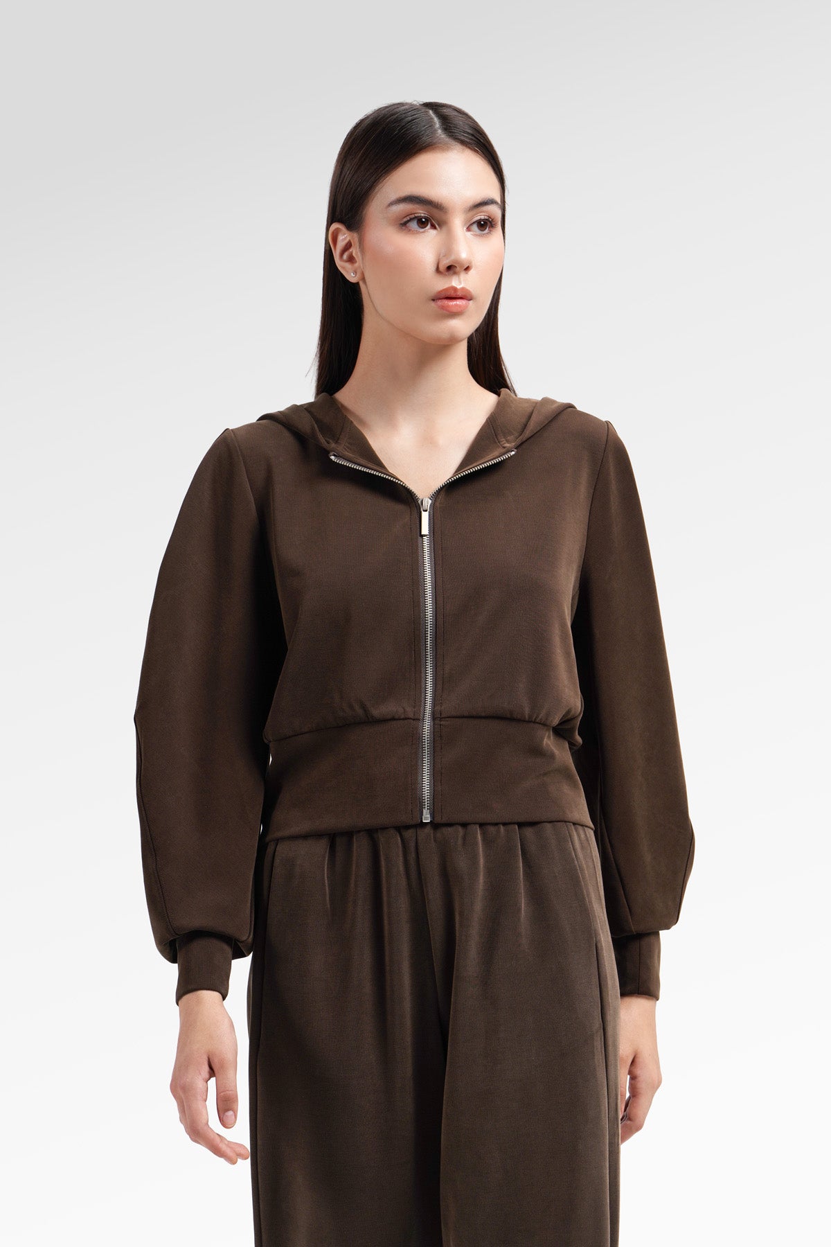 Nola Crop Zip Up Hoodie - Brown