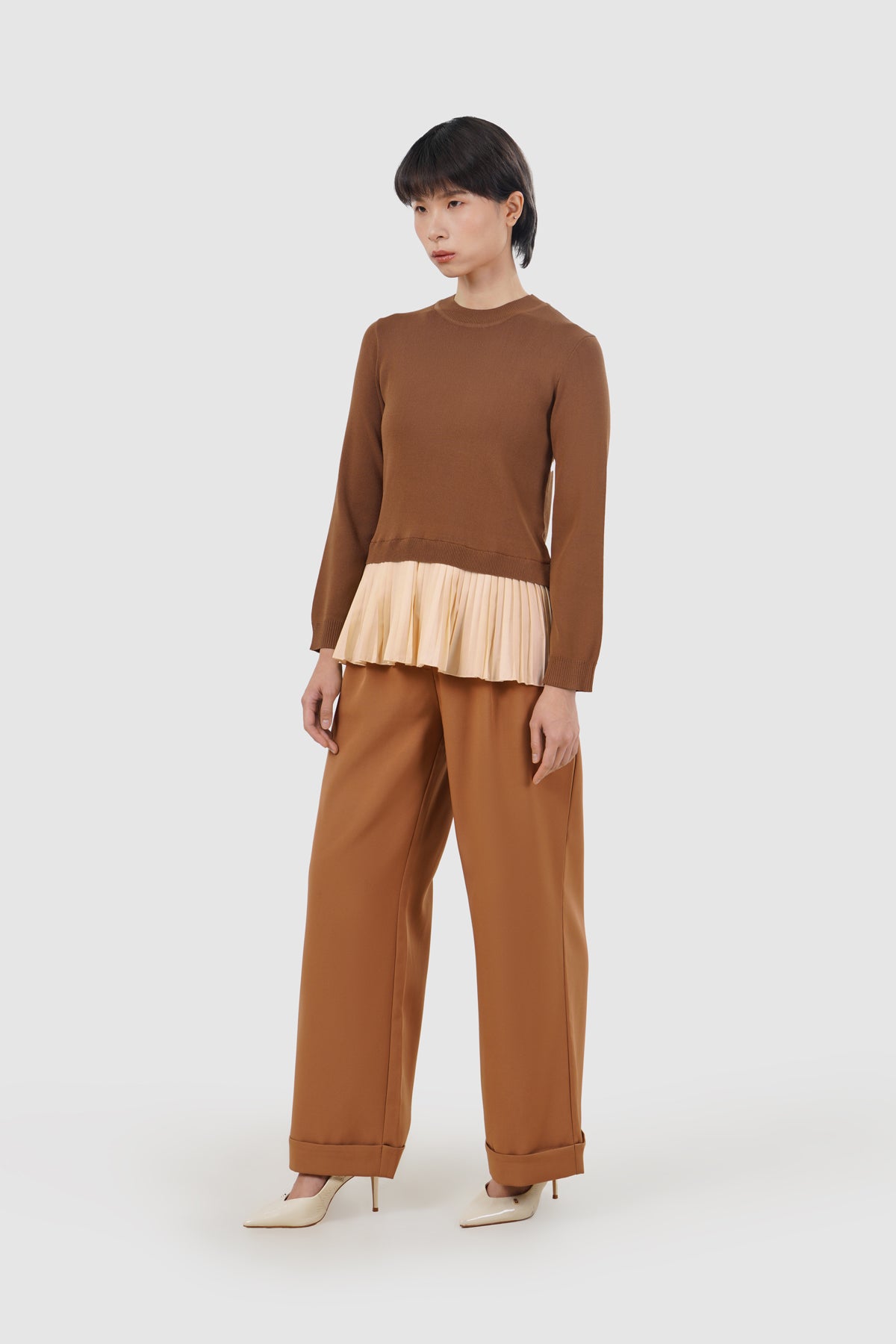 Nyla Mix Fabric Top - Tan