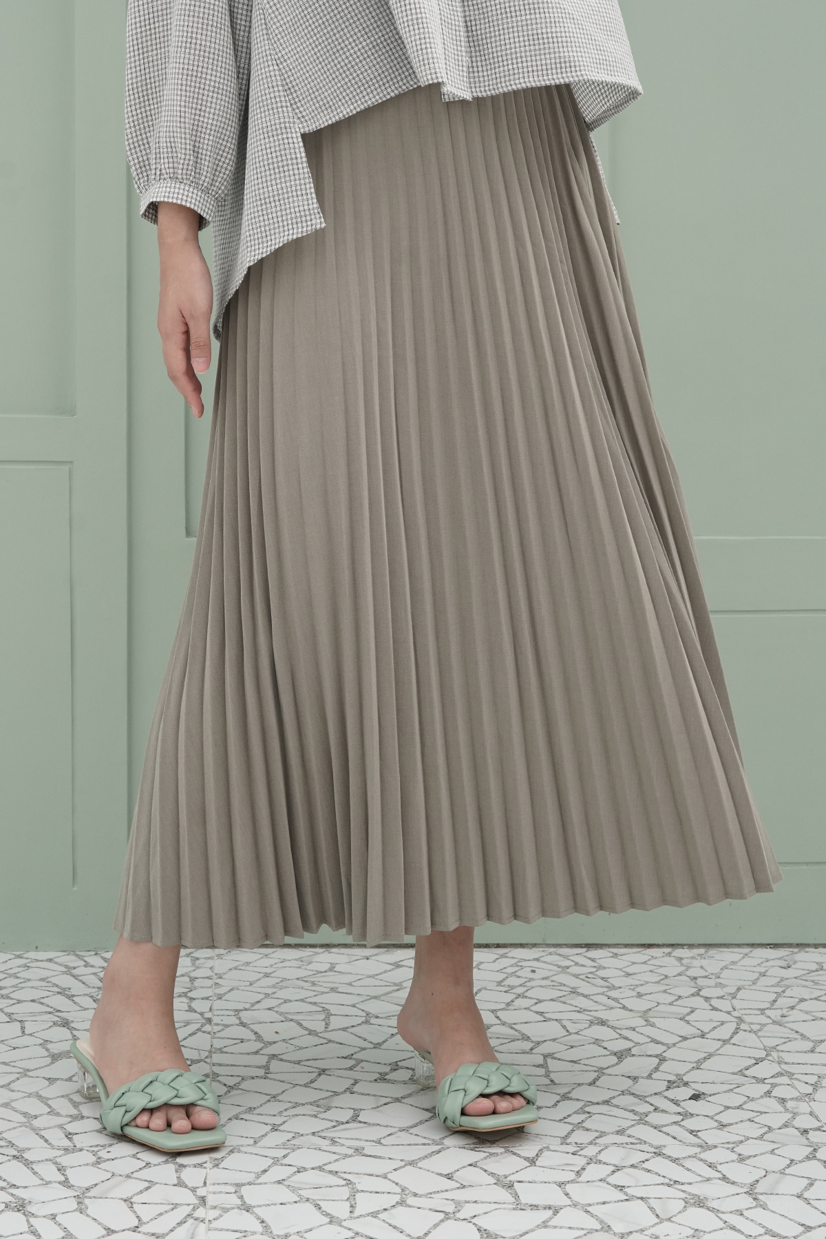 Moss Grey Pleated Skirt