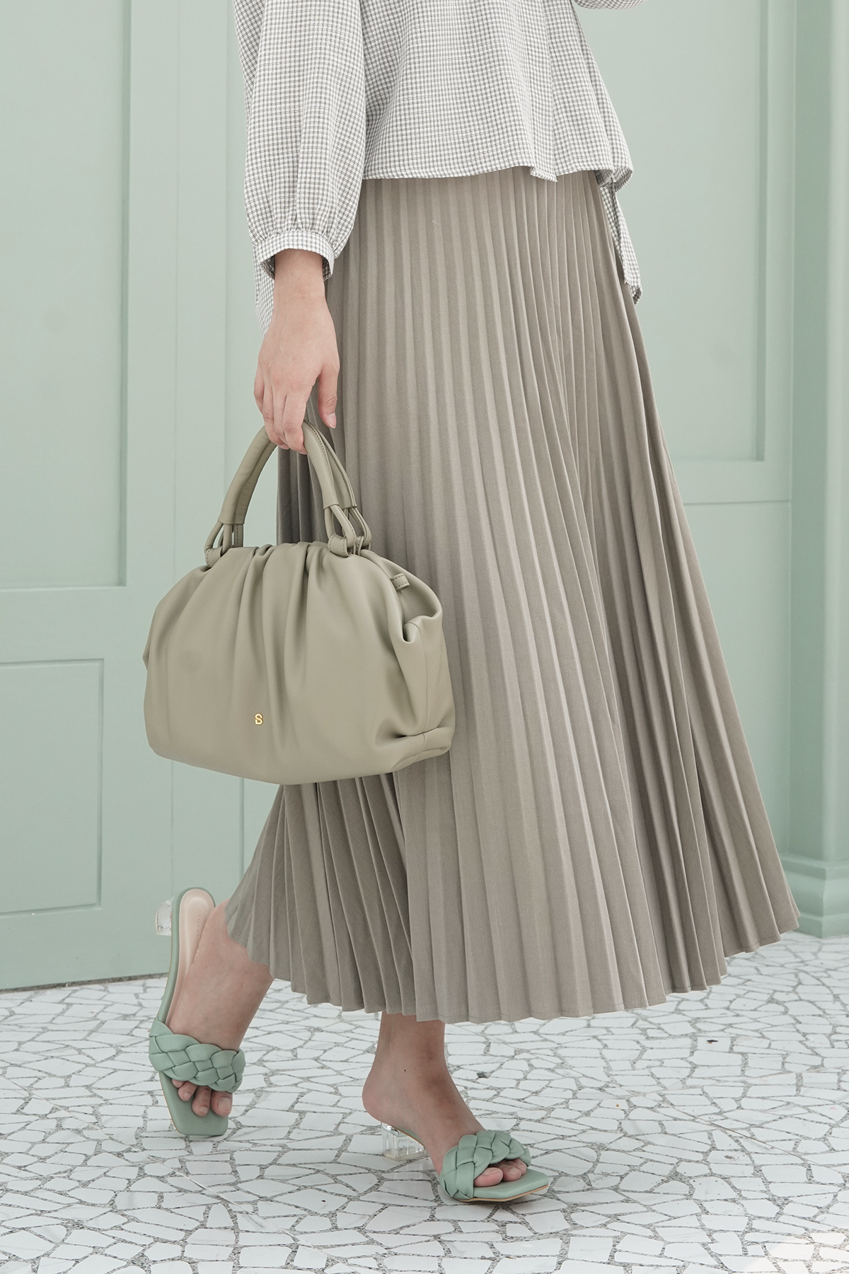 Moss Grey Pleated Skirt