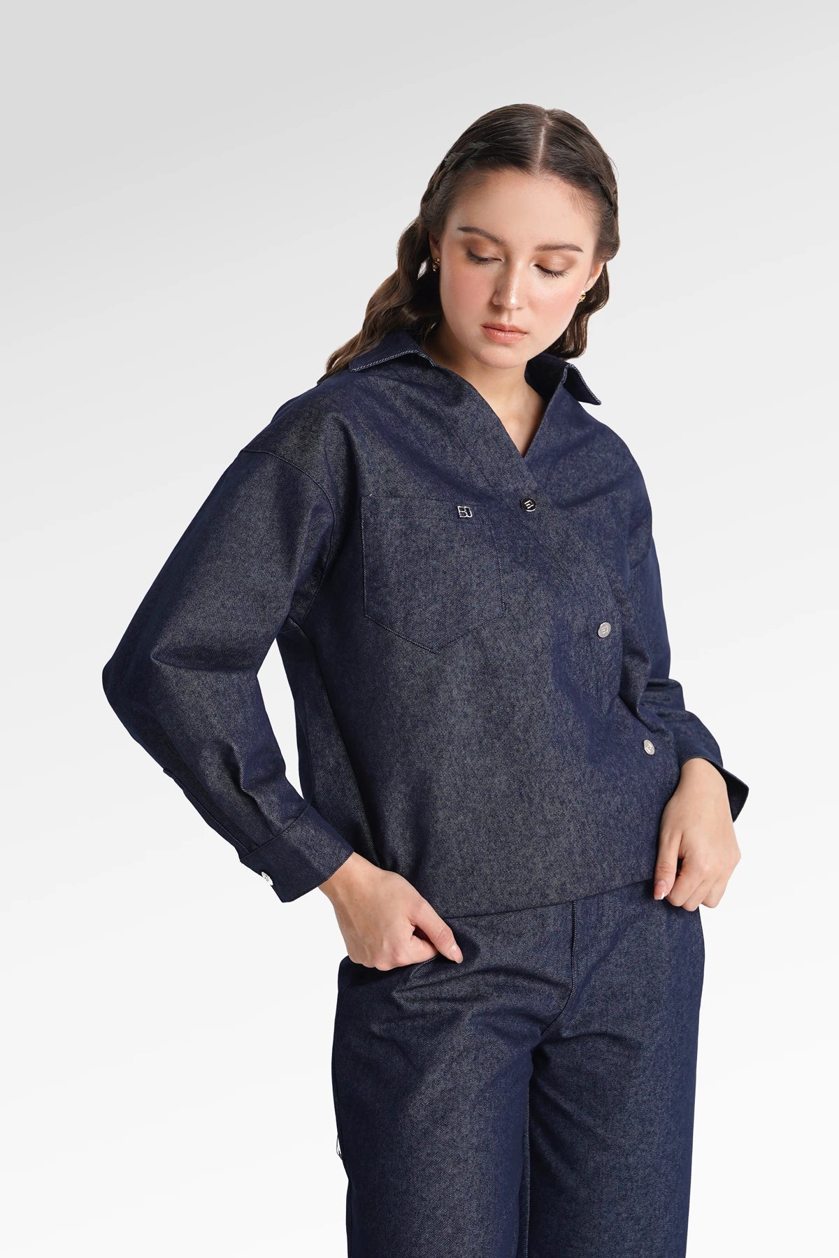 Raine Denim Overlap Top - Denim Blue