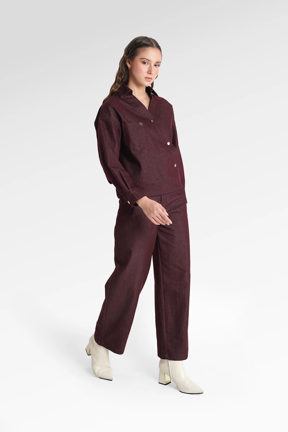 Raine Denim Overlap Top - Maroon