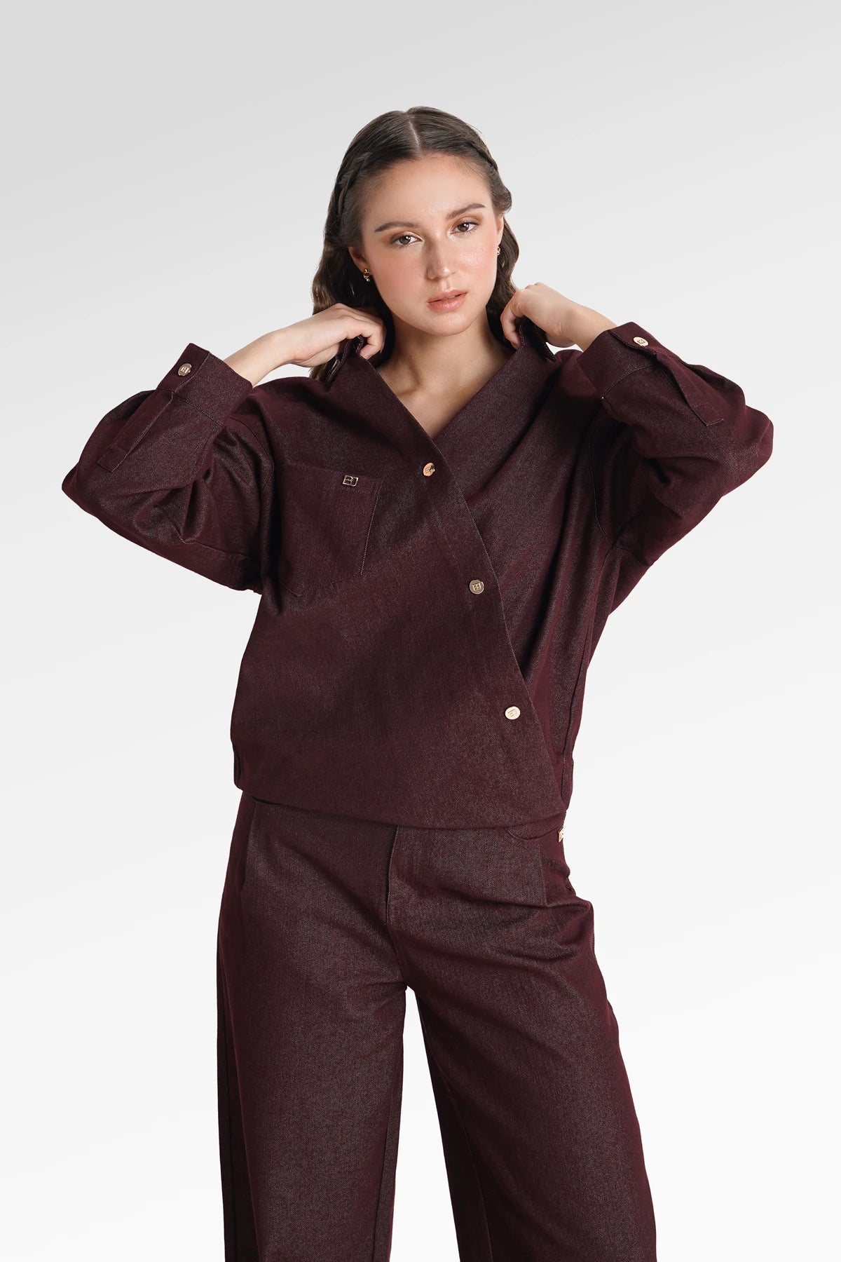 Raine Denim Overlap Top - Maroon
