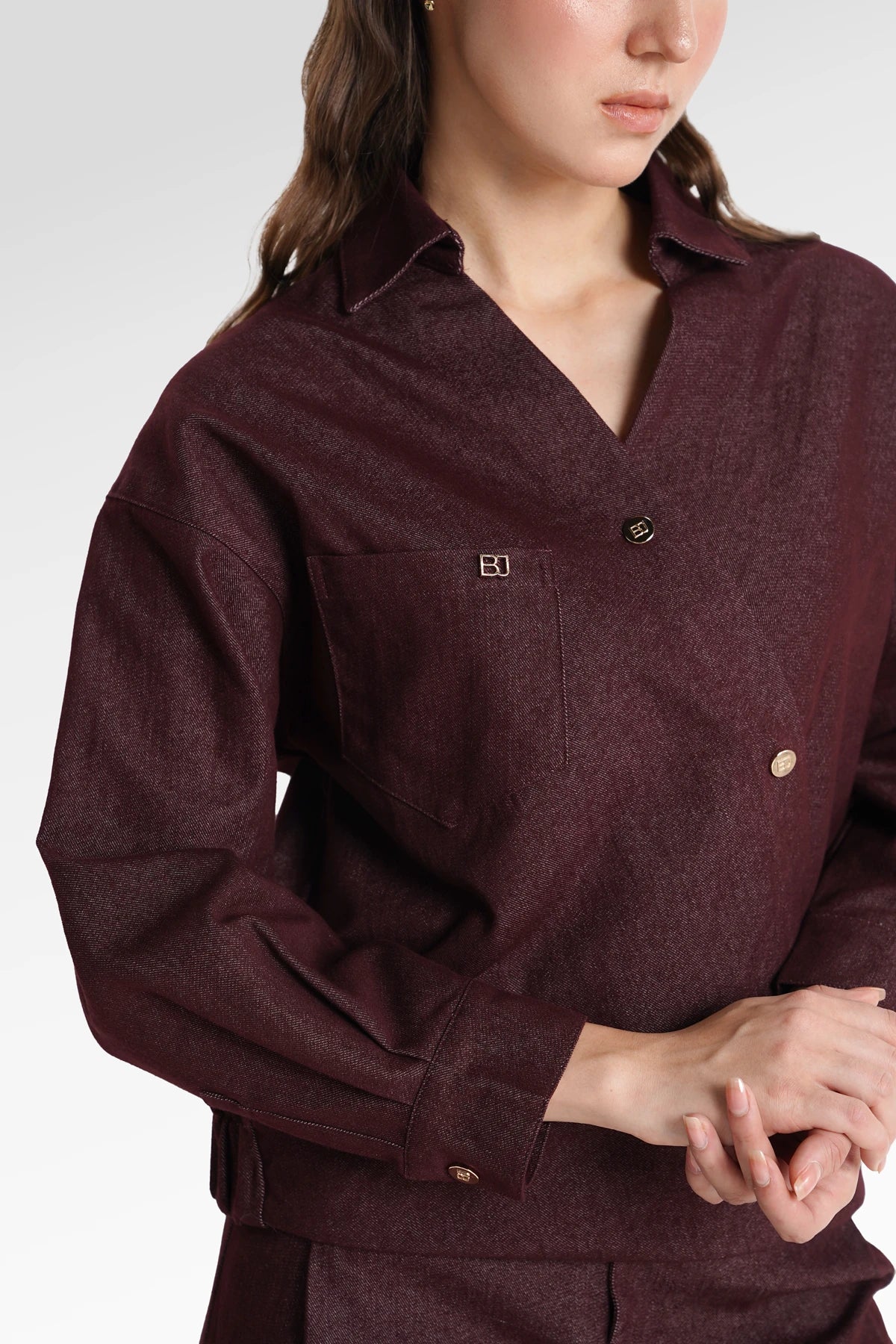 Raine Denim Overlap Top - Maroon