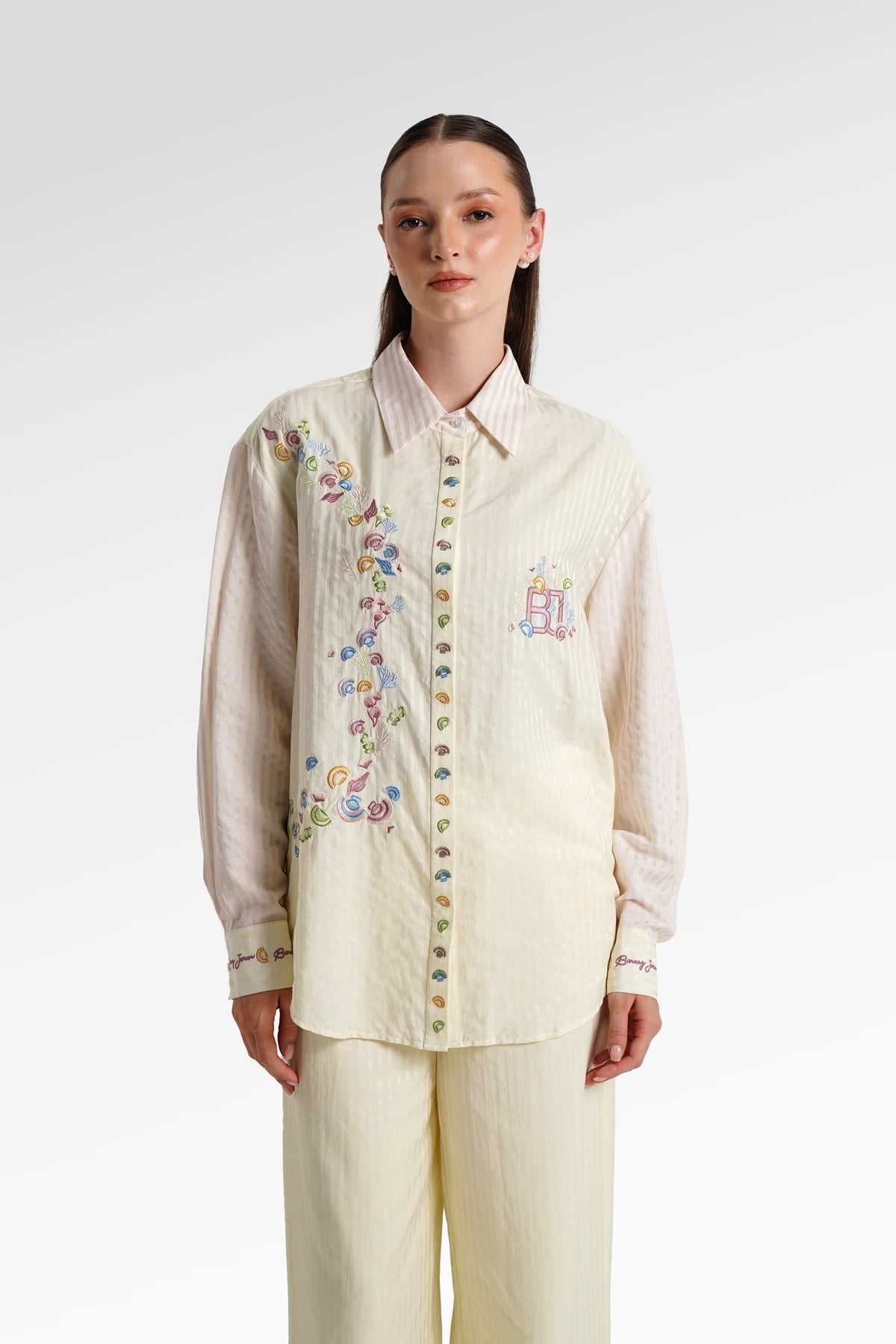 secret of the sea embroidery shell shirt in jellyfish by benang jarum front view