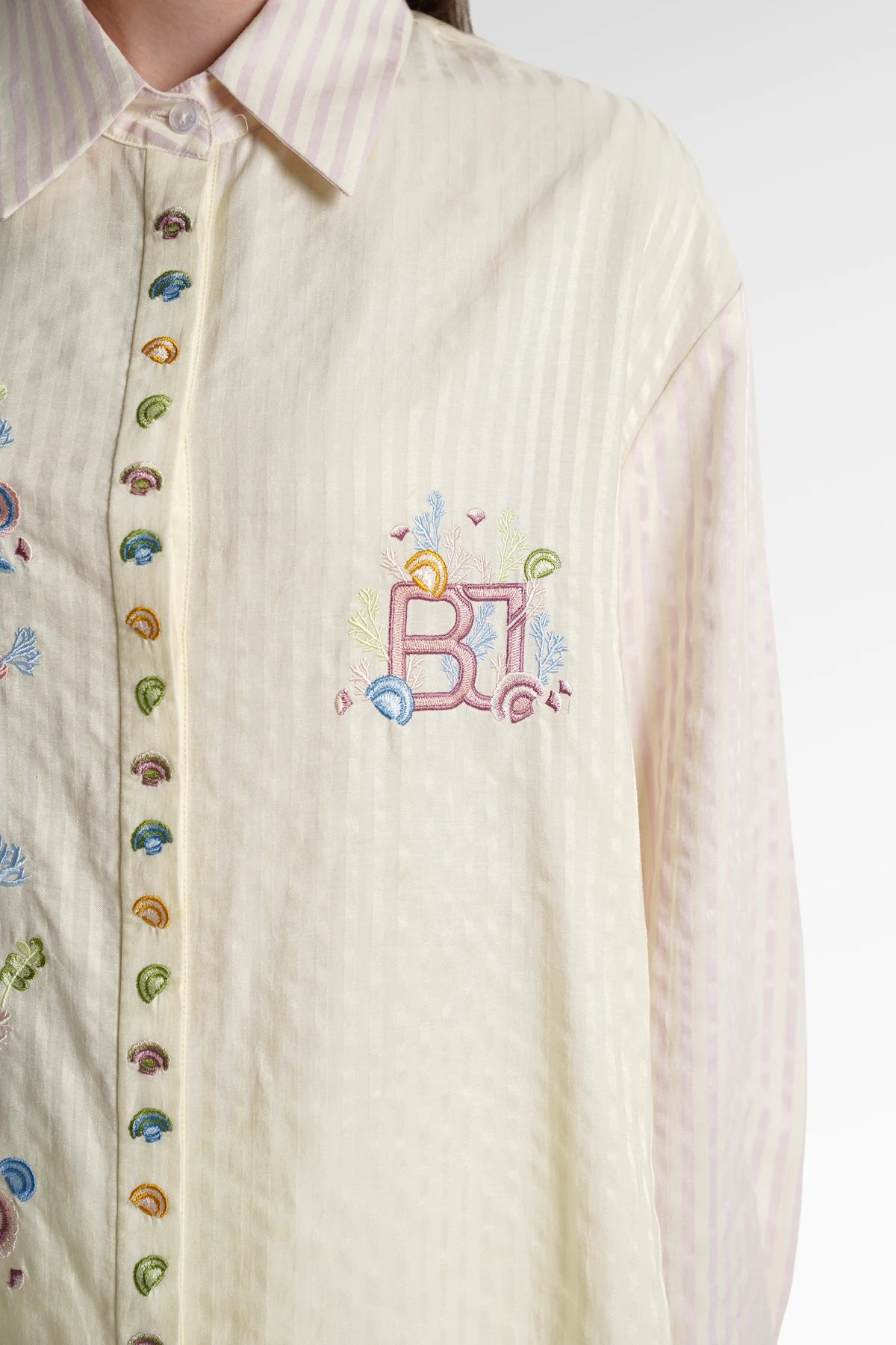 secret of the sea embroidery shell shirt in jellyfish by benang jarum embroidery logo detail