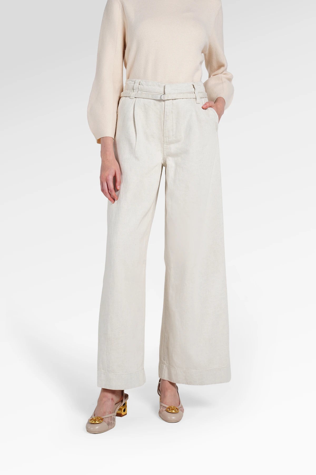 Signature Belted Denim Pants - White