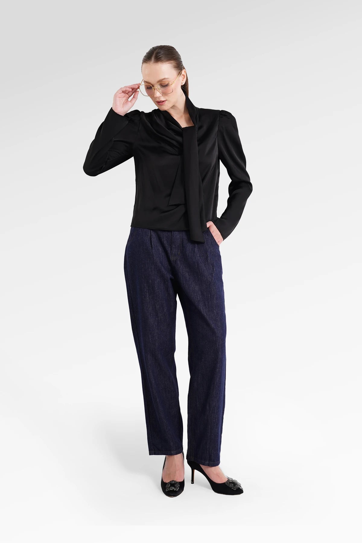 Signature Embroidered Denim Pants - Blue