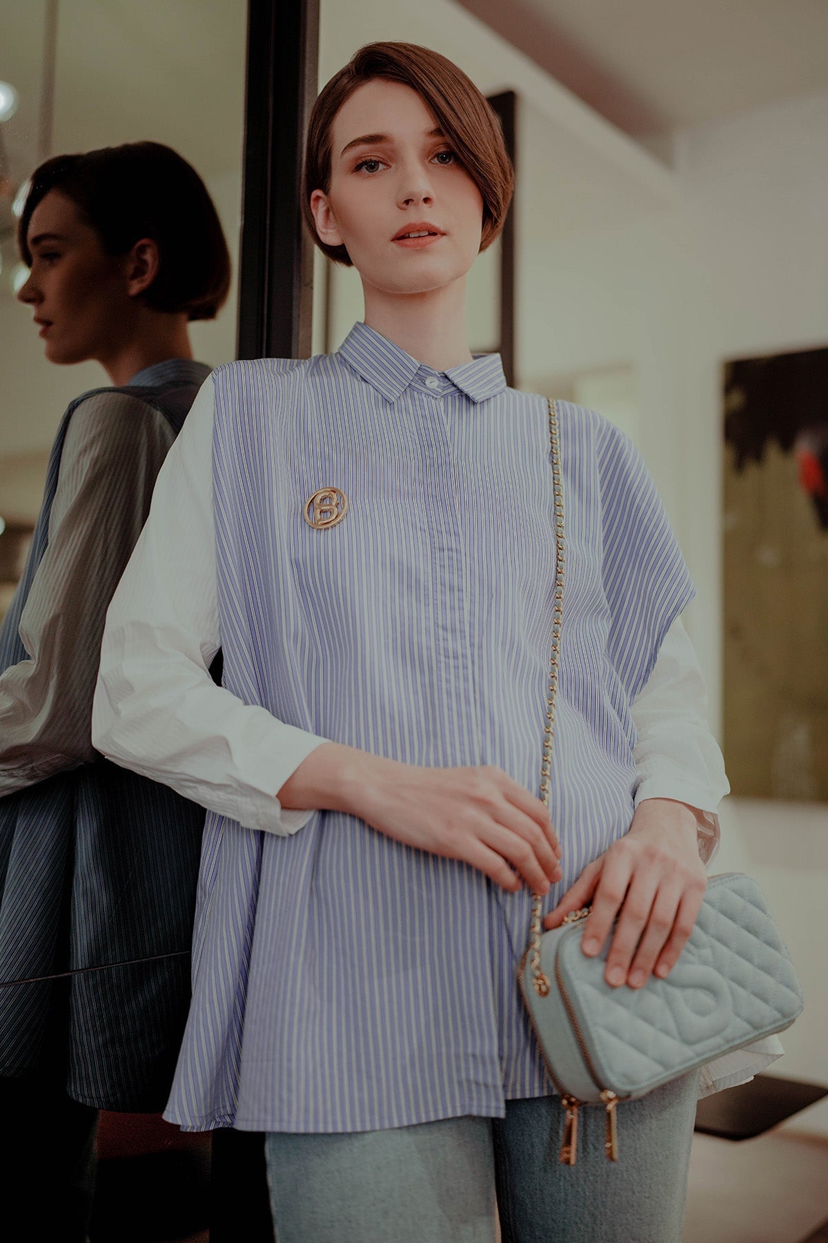 Striped Shirt with Layered - Blue