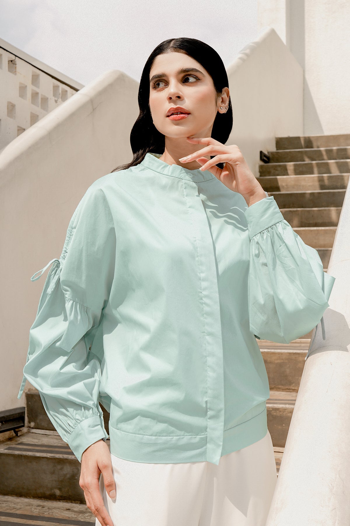 Shirt With Tie Sleeve - Blue