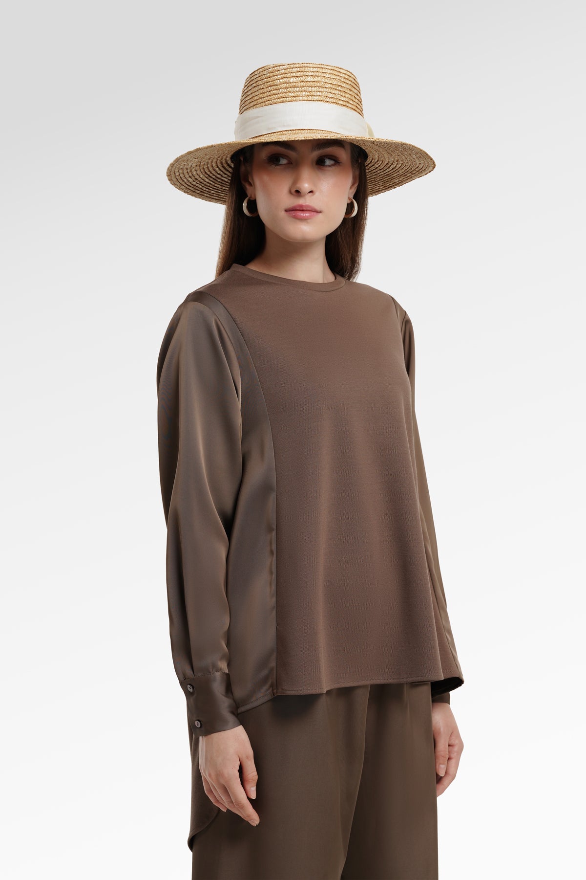 Sienna Mix Fabric Blouse - Dark Taupe