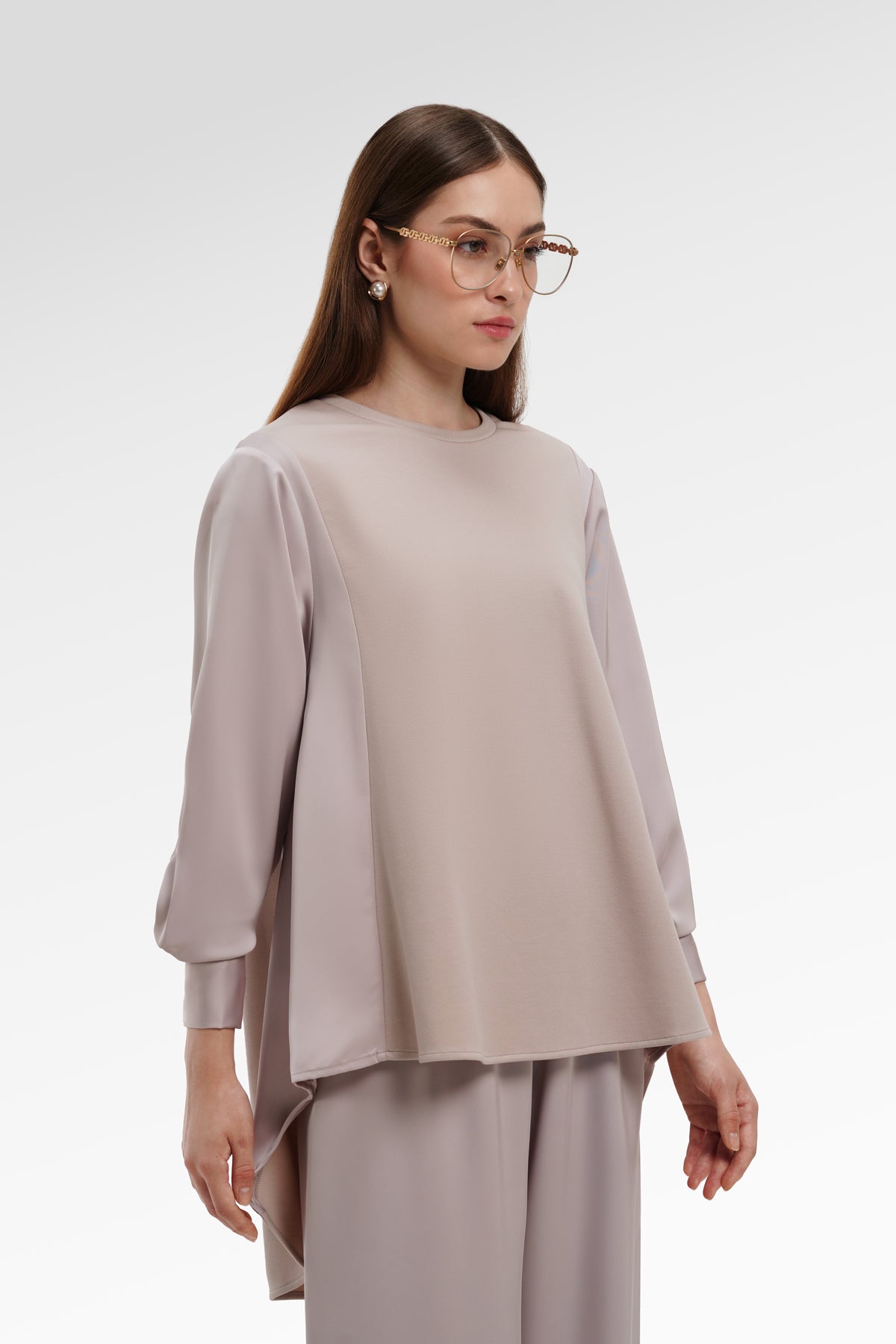 Sienna Mix Fabric Blouse - Light Taupe