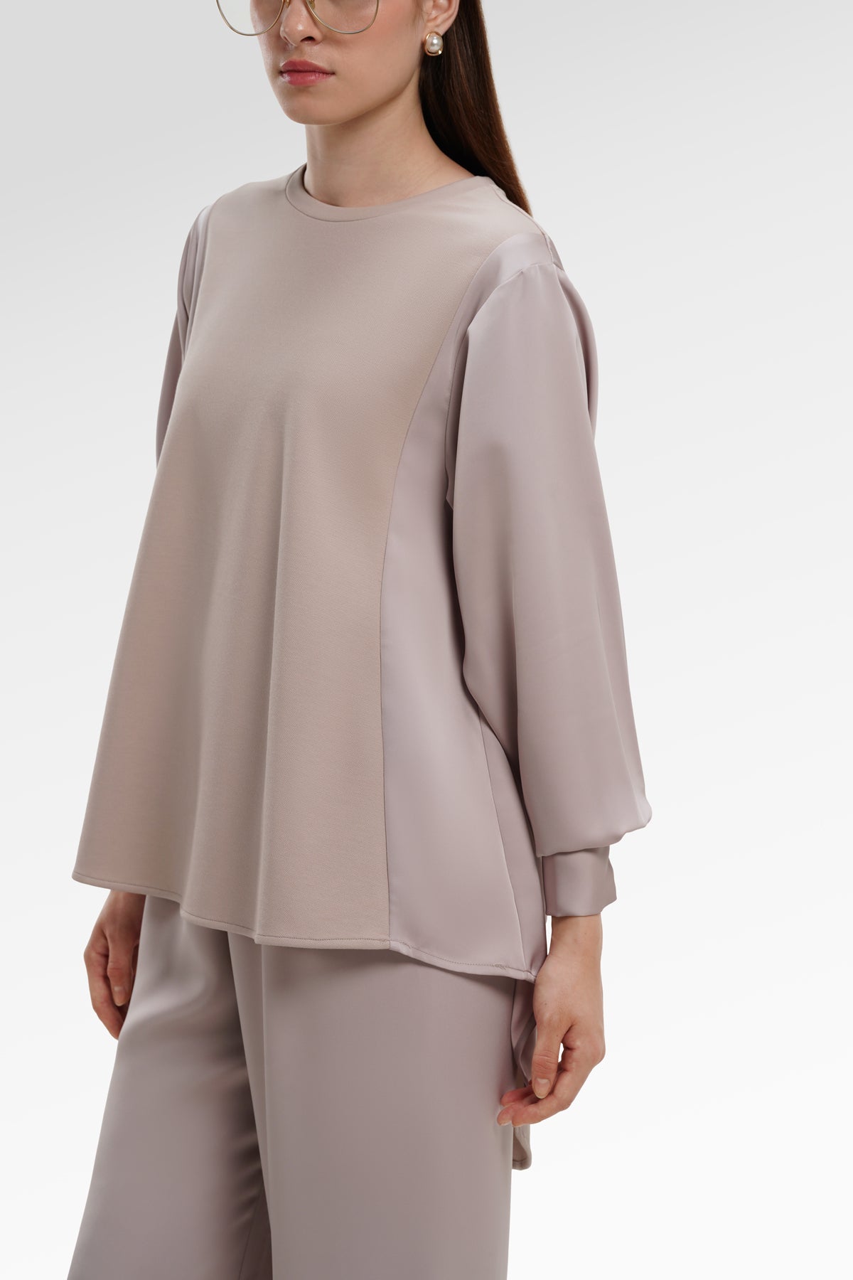 Sienna Mix Fabric Blouse - Light Taupe