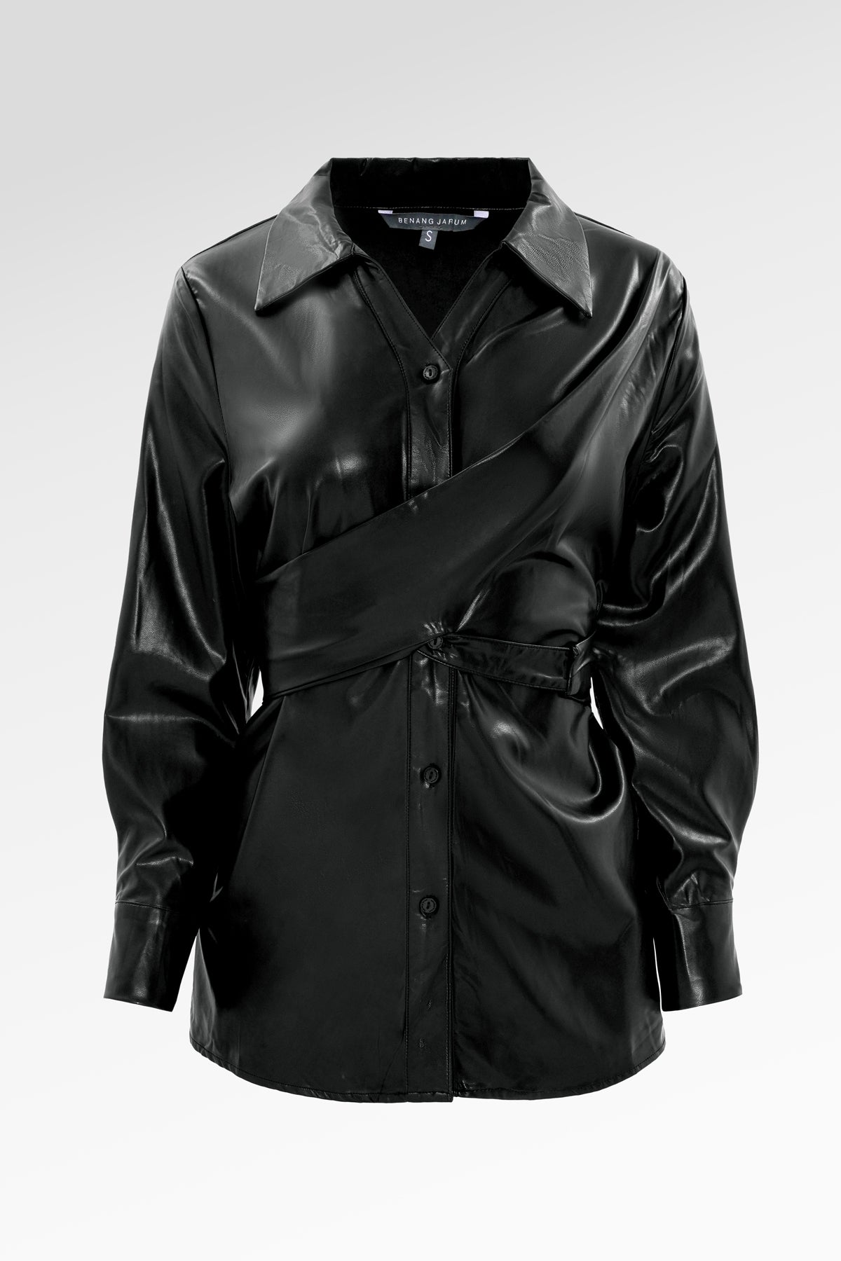 Stella Wrap Faux Leather Shirt - Black