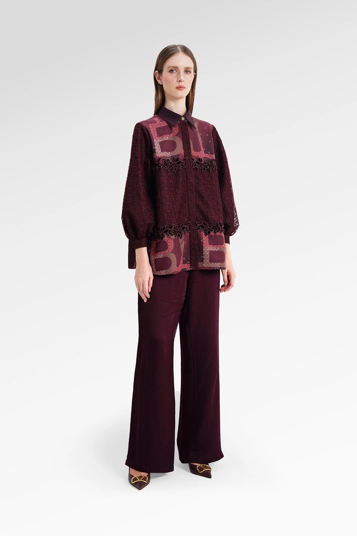 The Monogram Lace Embroidery Shirt - Berry