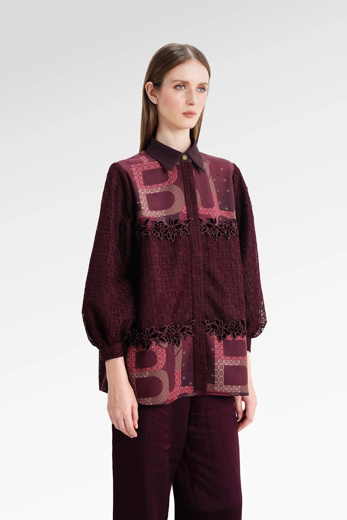 The Monogram Lace Embroidery Shirt - Berry