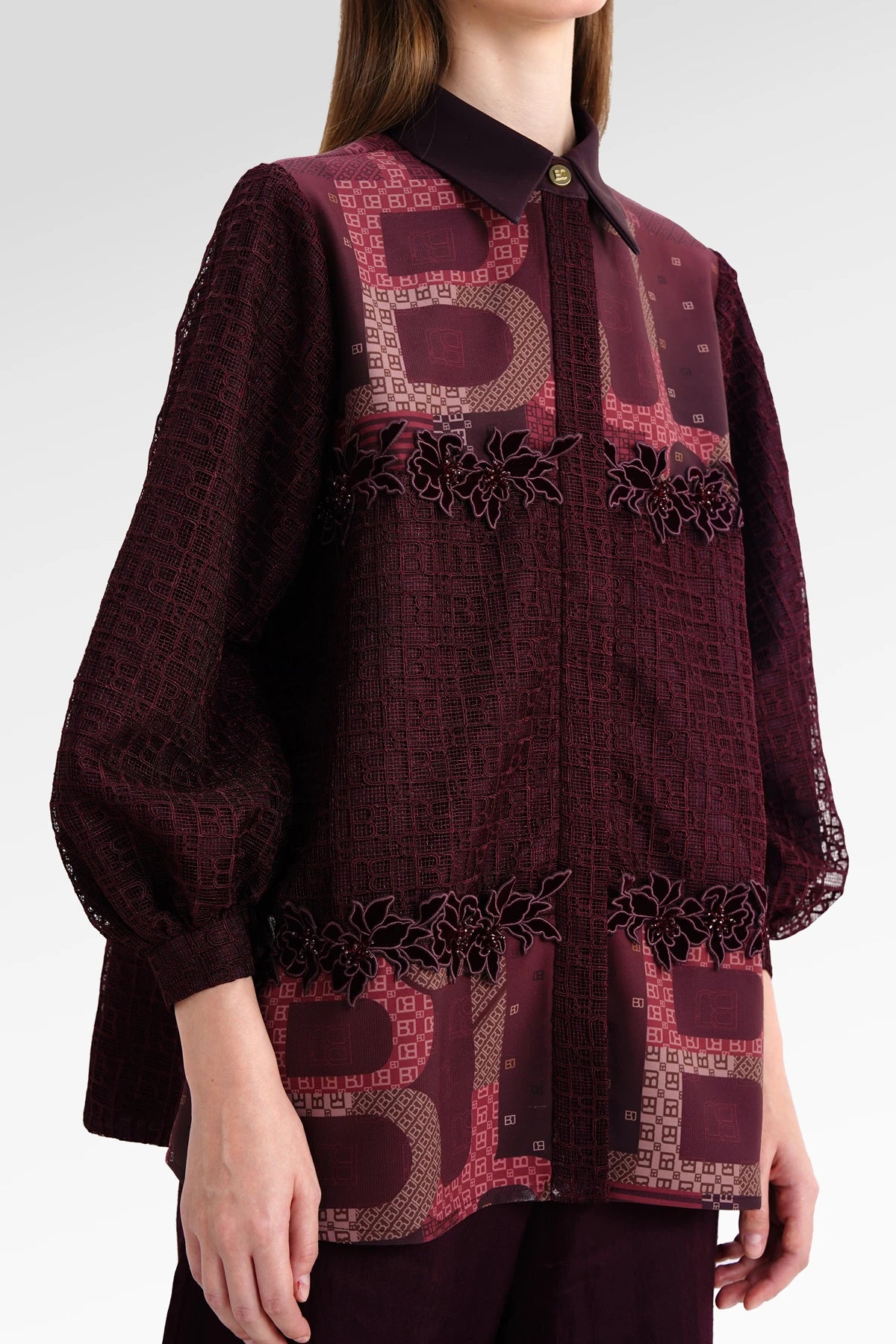 The Monogram Lace Embroidery Shirt - Berry