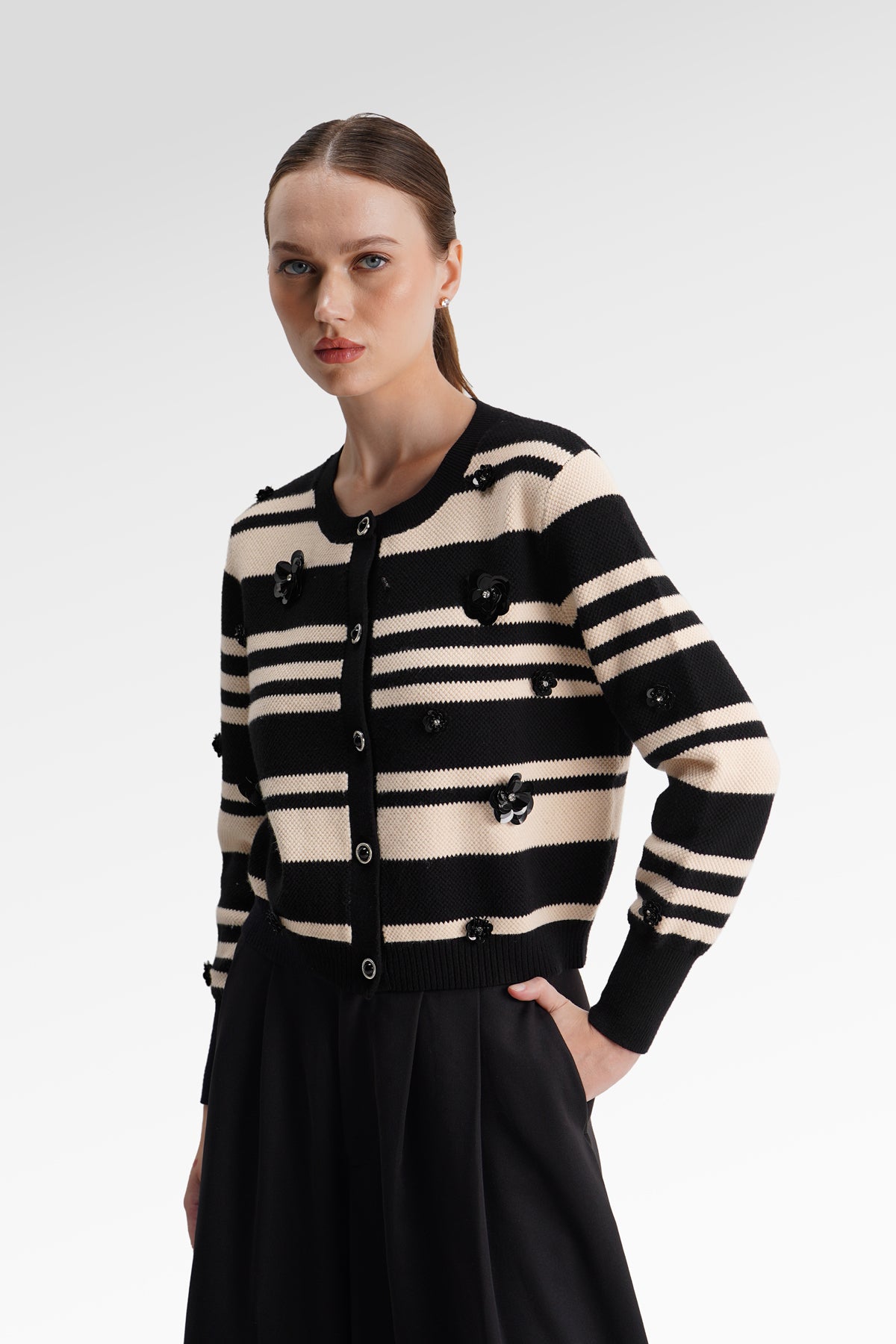 Viona Embellished Cardigan - Black/Ivory