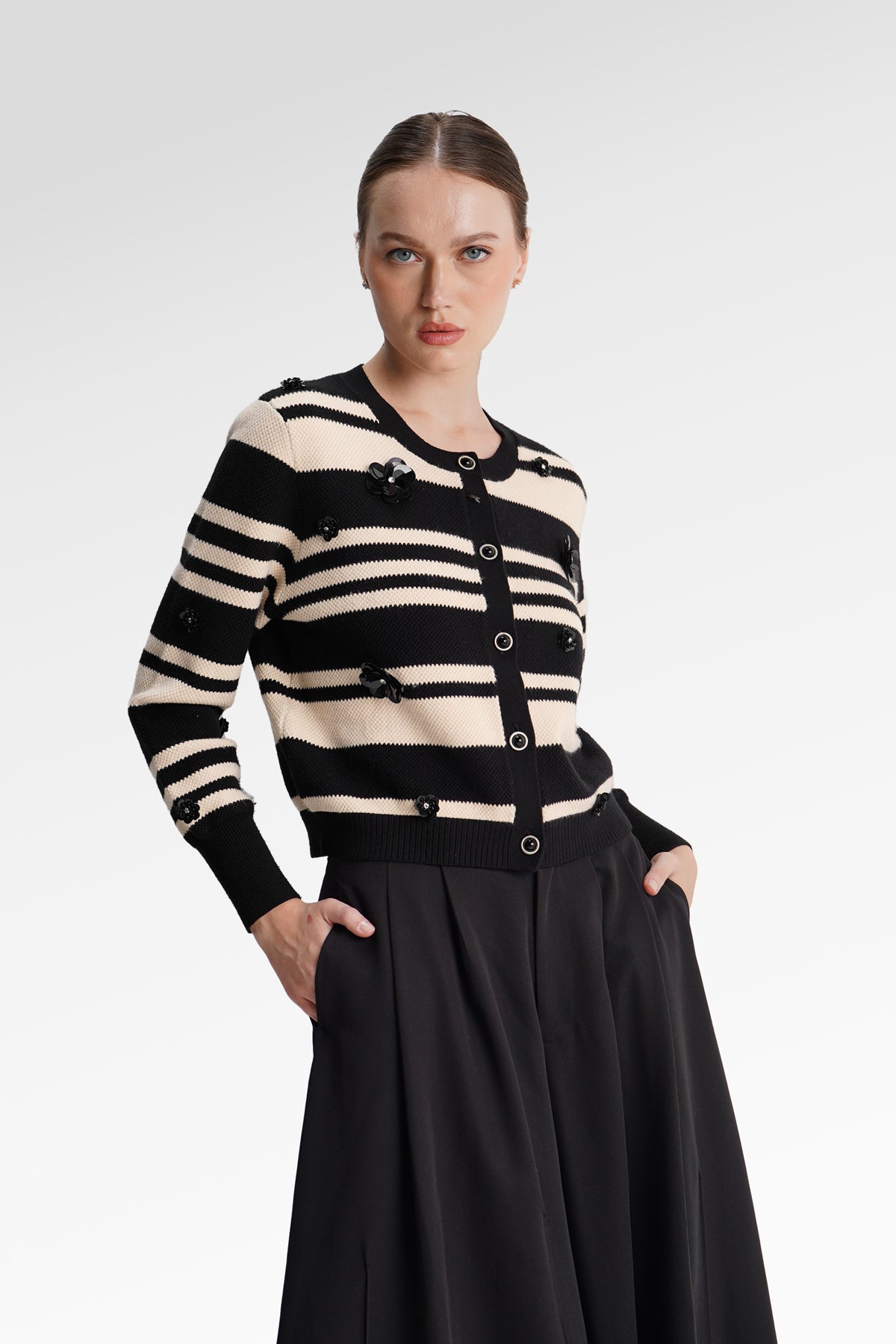 Viona Embellished Cardigan - Black/Ivory