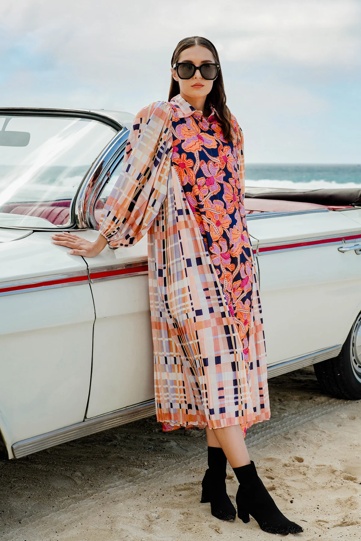 Tropicolors Midi Dress with Pleats - Orange