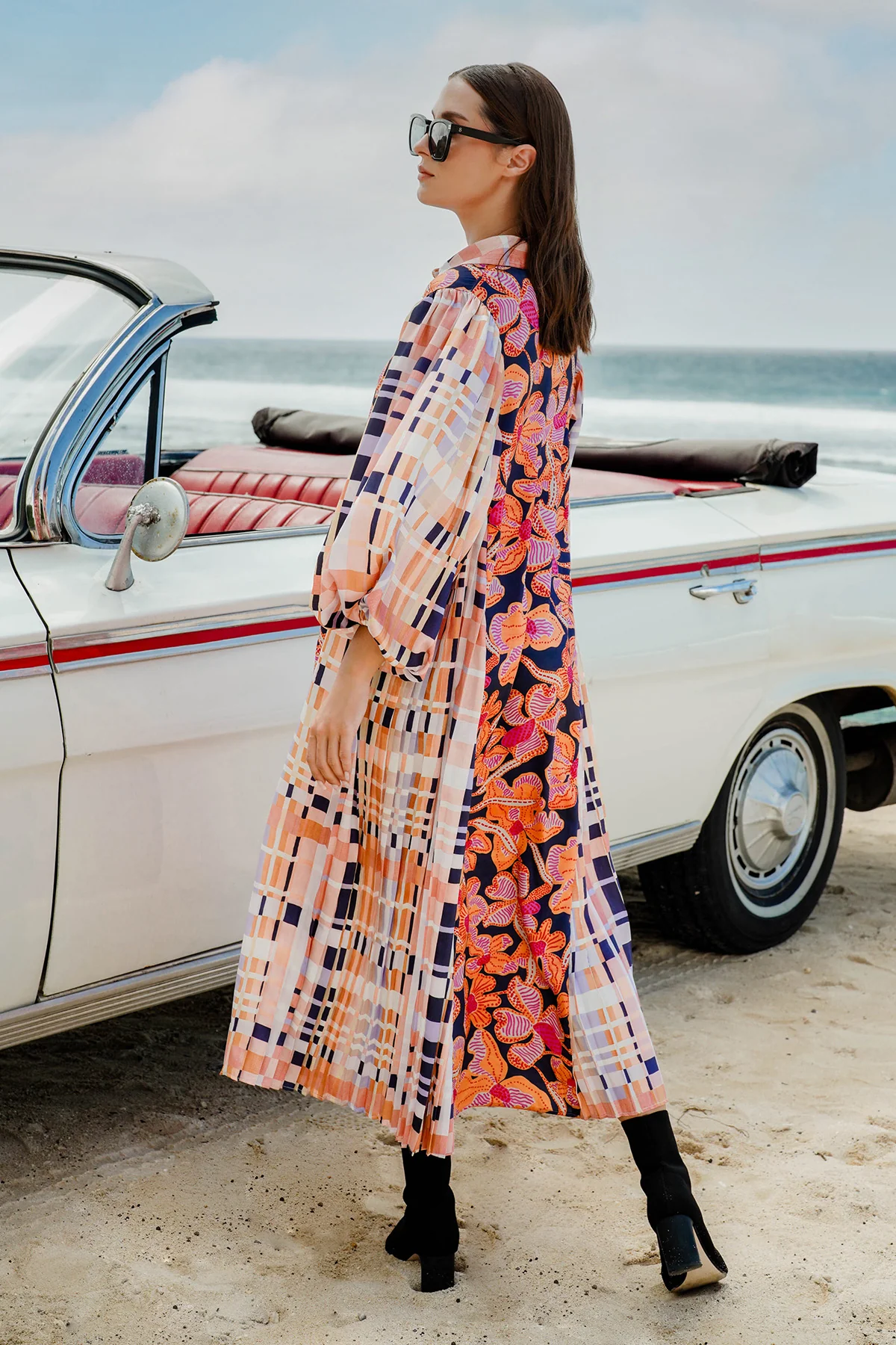 Tropicolors Midi Dress with Pleats - Orange